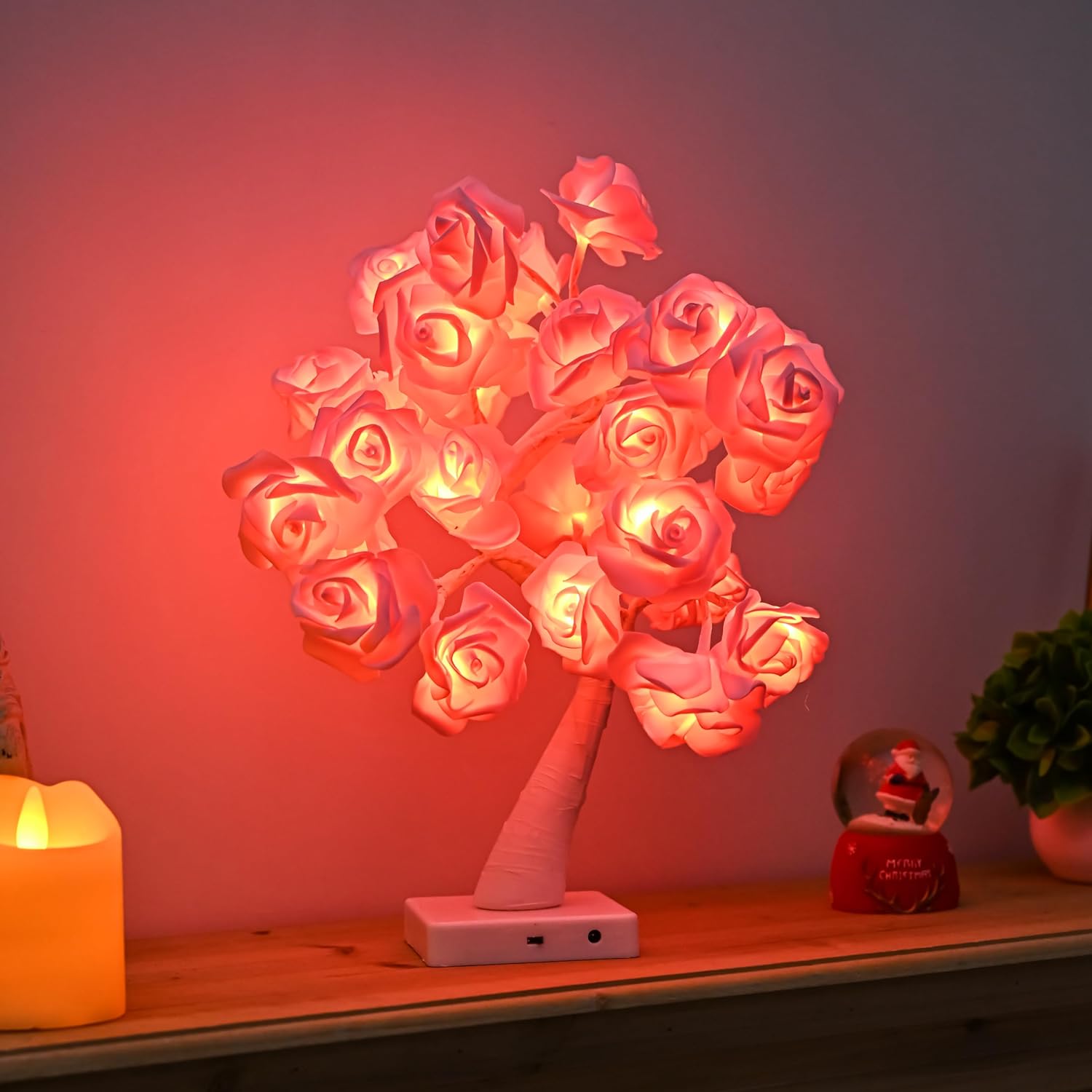 Lámpara de mesa con 32 luces LED con forma de árbol de rosas, regalo para niñas, mujeres, adolescentes, decoración del hogar, funciona con pilas,