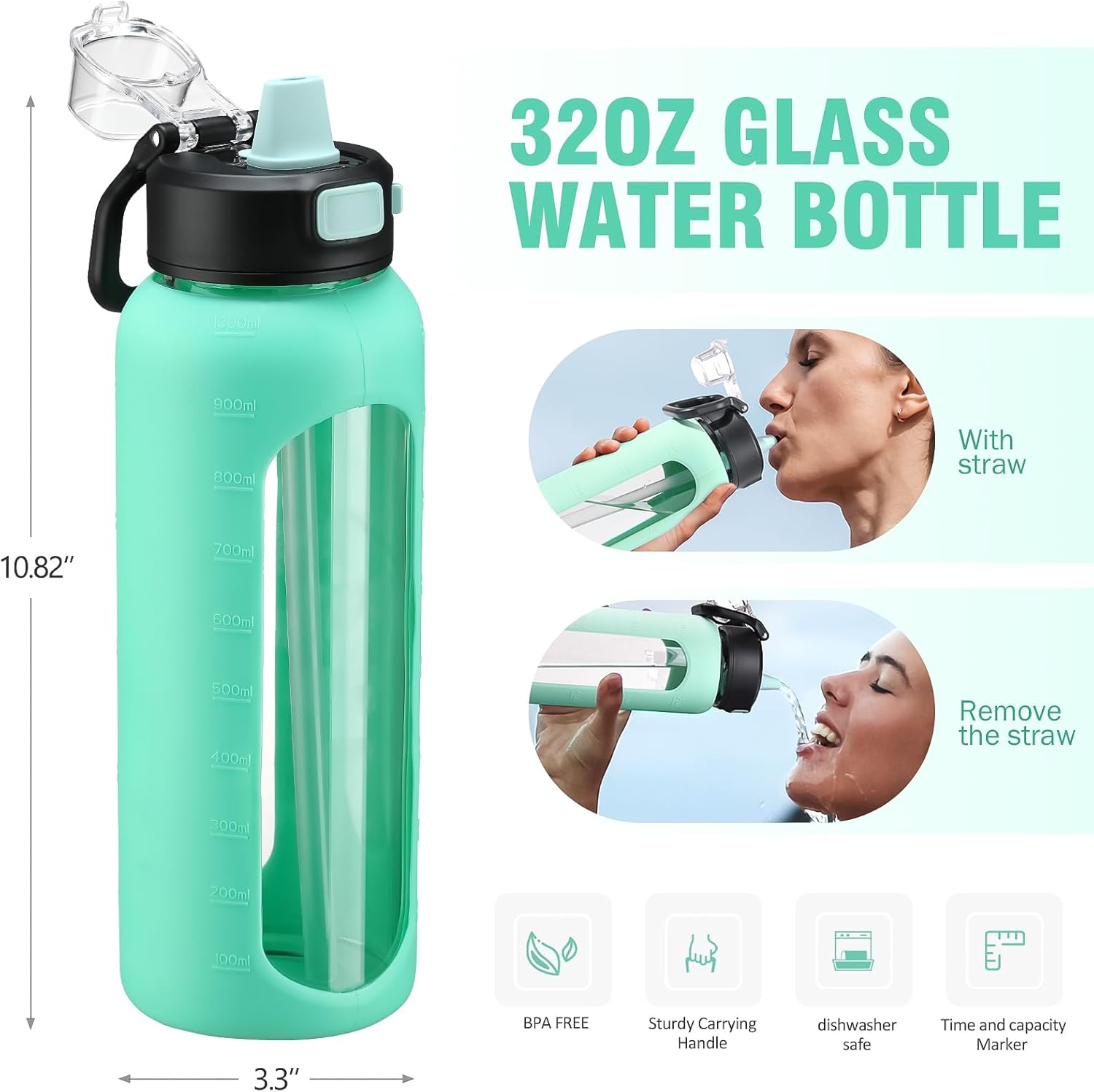 BLUEGO Botella de agua de vidrio de 32 onzas con pajilla, botellas de agua motivacionales con marcador de tiempo y funda de silicona, botella de