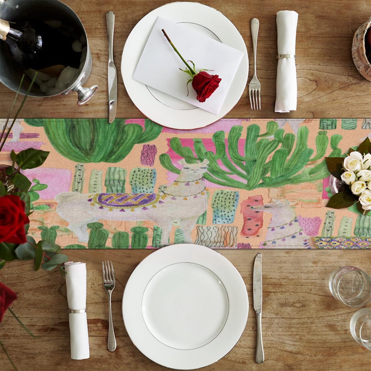 Table Runner Watercolor Alpaca Cacti, Autumn Rustic Linen Table Cloth Kitchen Dining Table Decor for Home Party 13 x 72 Inches