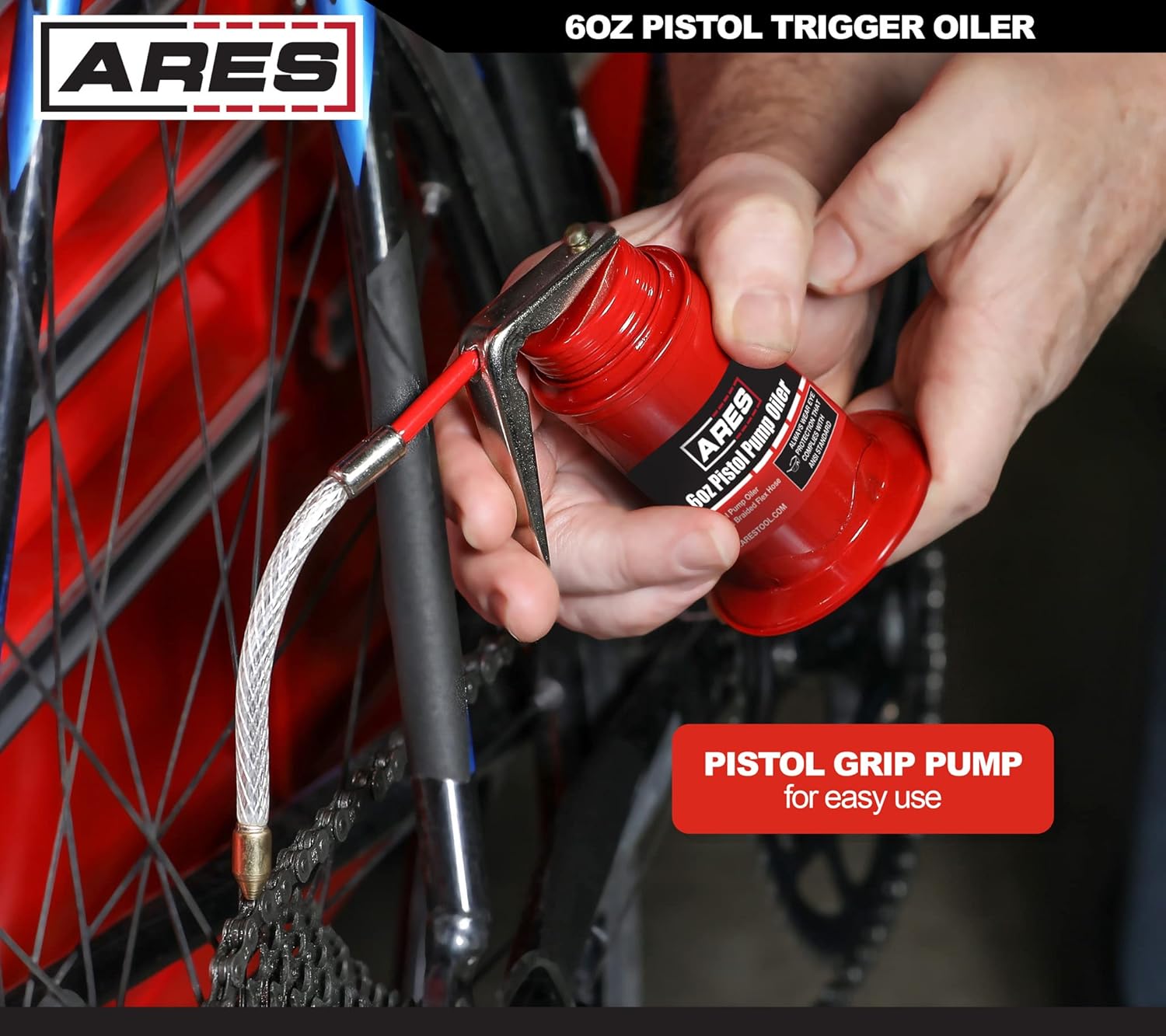 ARES 55008 – Lata de aceite con agarre de pistola roja de 6 onzas, incluye manguera flexible trenzada de acero, bomba de alta presión