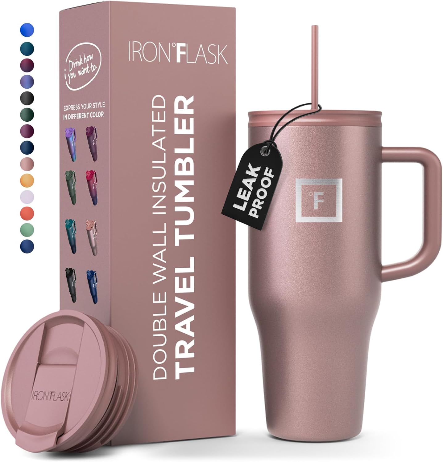 IRON FLASK Co-Pilot – Vaso aislado con popote y tapas abatibles, botella portavasos, para bebidas calientes y frías, a prueba de fugas, agua, taza