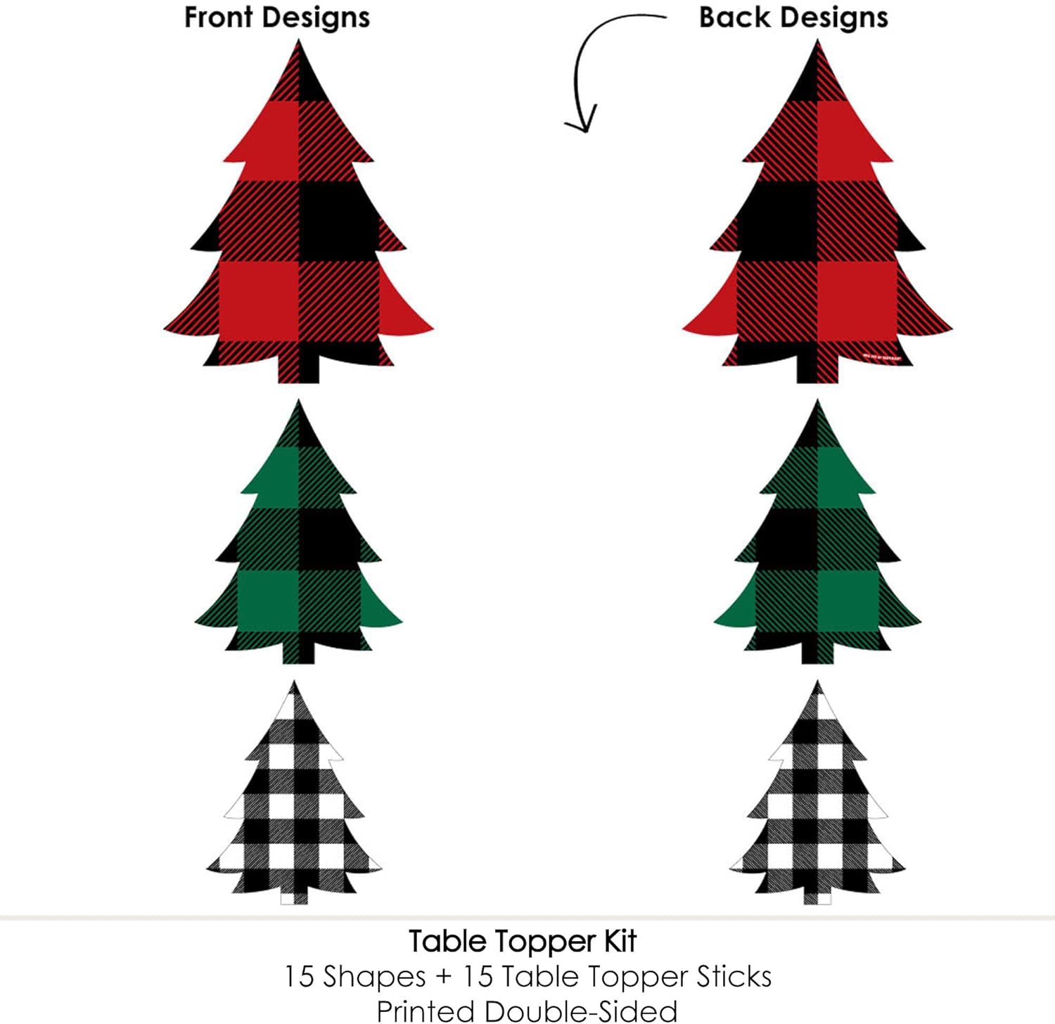 Big Dot of Happiness Holiday Plaid Trees – Palitos de centro de mesa de fiesta de Navidad a cuadros de búfalo – Juego de 15