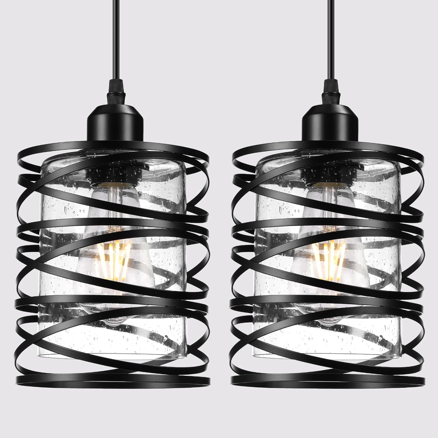 Paquete de 2 luces colgantes negras para decoración de isla de cocina, moderna lámpara colgante de vidrio sembrado sobre el fregadero, luces de