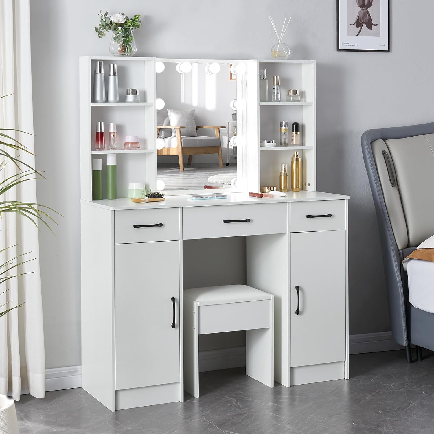 Escritorio de tocador con espejo y luces, 3 colores y brillo ajustables, juego de tocador con cajones y silla, mesa de tocador de maquillaje blanca