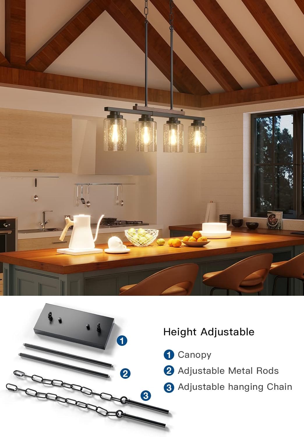 Amico Iluminación de isla de cocina, luces colgantes de granja para isla de cocina, candelabros para comedor con pantalla de vidrio y varillas