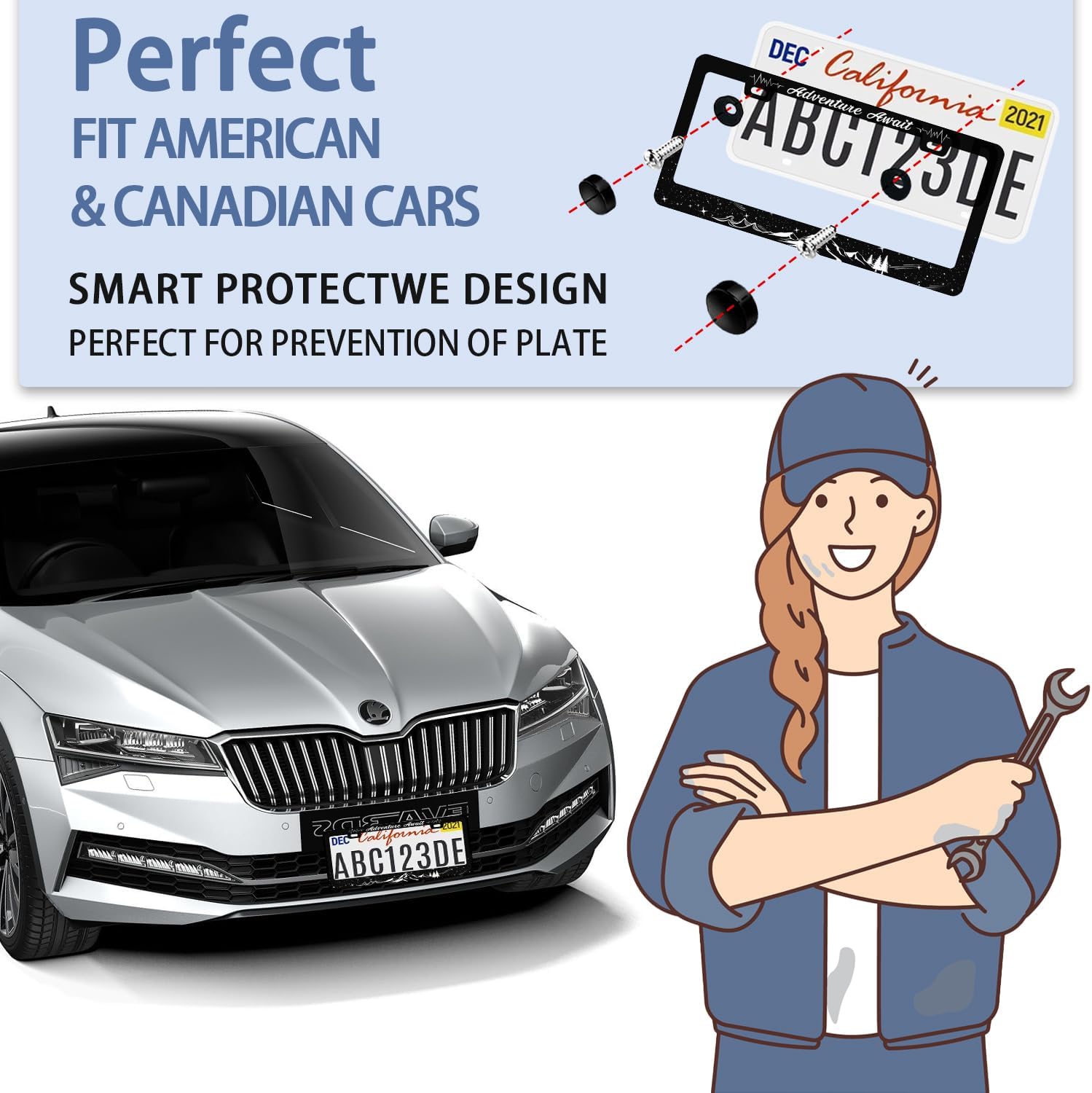 Advebture Awaits – Marco de matrícula de montaña para decoración de automóvil, paquete de 2 marcos de matrícula personalizados para vehículos