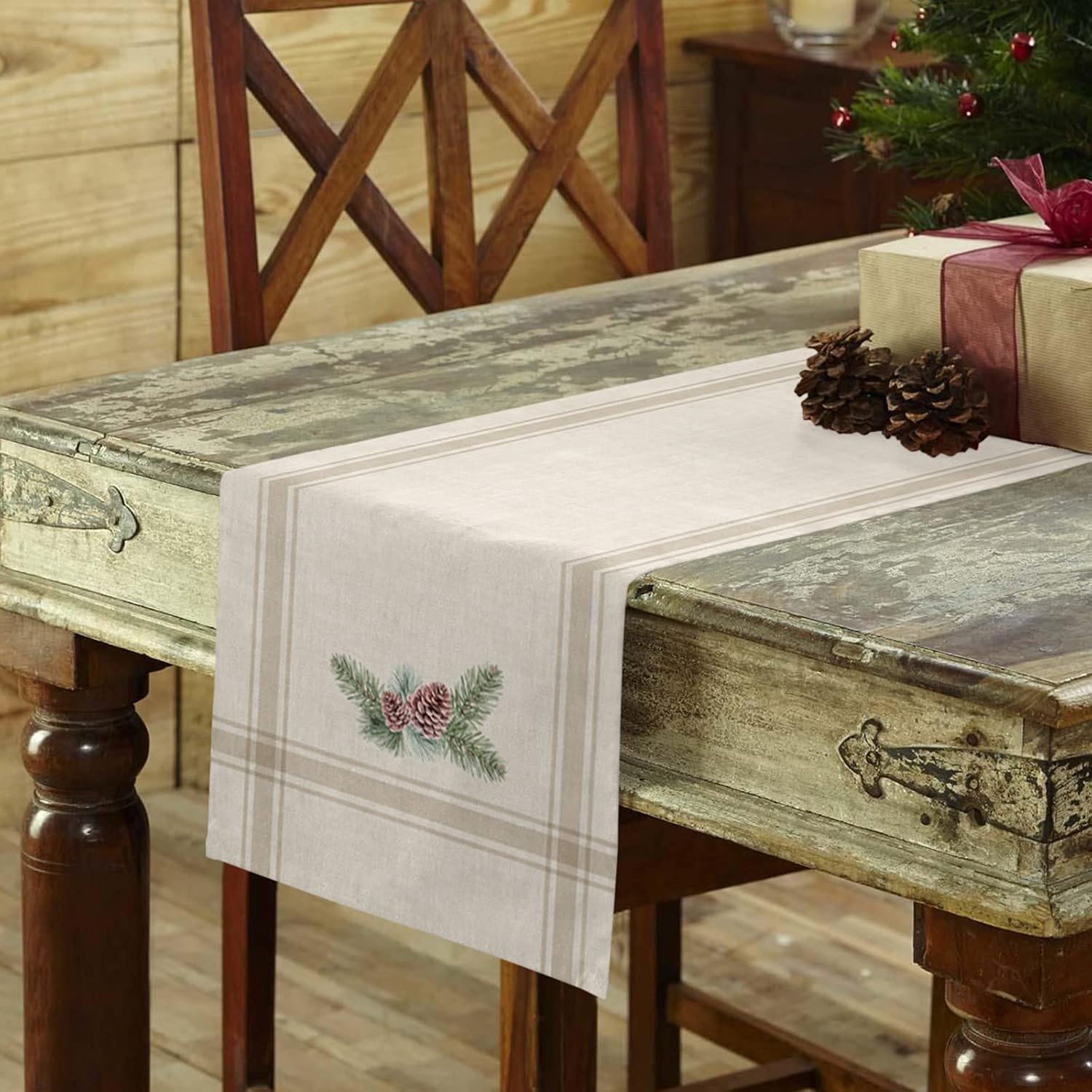 Camino de mesa largo de pino de invierno de Navidad, bodacafé, mantel estilo granja para comedor, vacaciones, fiesta, decoración interior y