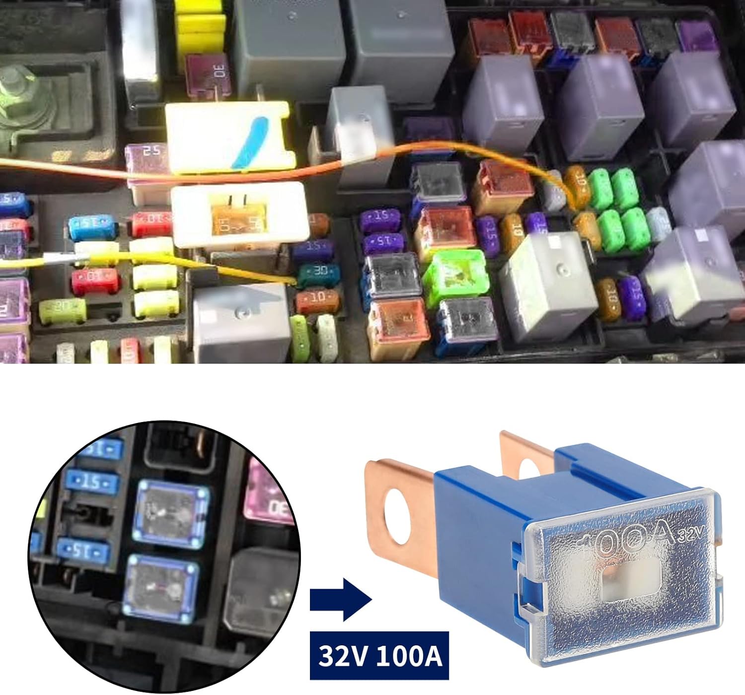 Fusible de automóvil de montaje en hoja de 32 V 100 A, fusible de trigorífico, hoja de terminal macho, caja J para automóvil, camión, SUV, barco,