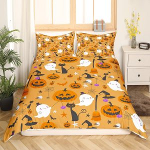 Feelyou Juego de funda de edredón de Halloween, tamaño Queen con 2 fundas de almohada, decoración de Halloween, juego de ropa de cama de fantasma, Feelyou Juego de funda de edredón de Halloween, tamaño Queen con 2 fundas de almohada, decoración de Halloween, juego de ropa de cama de fantasma,