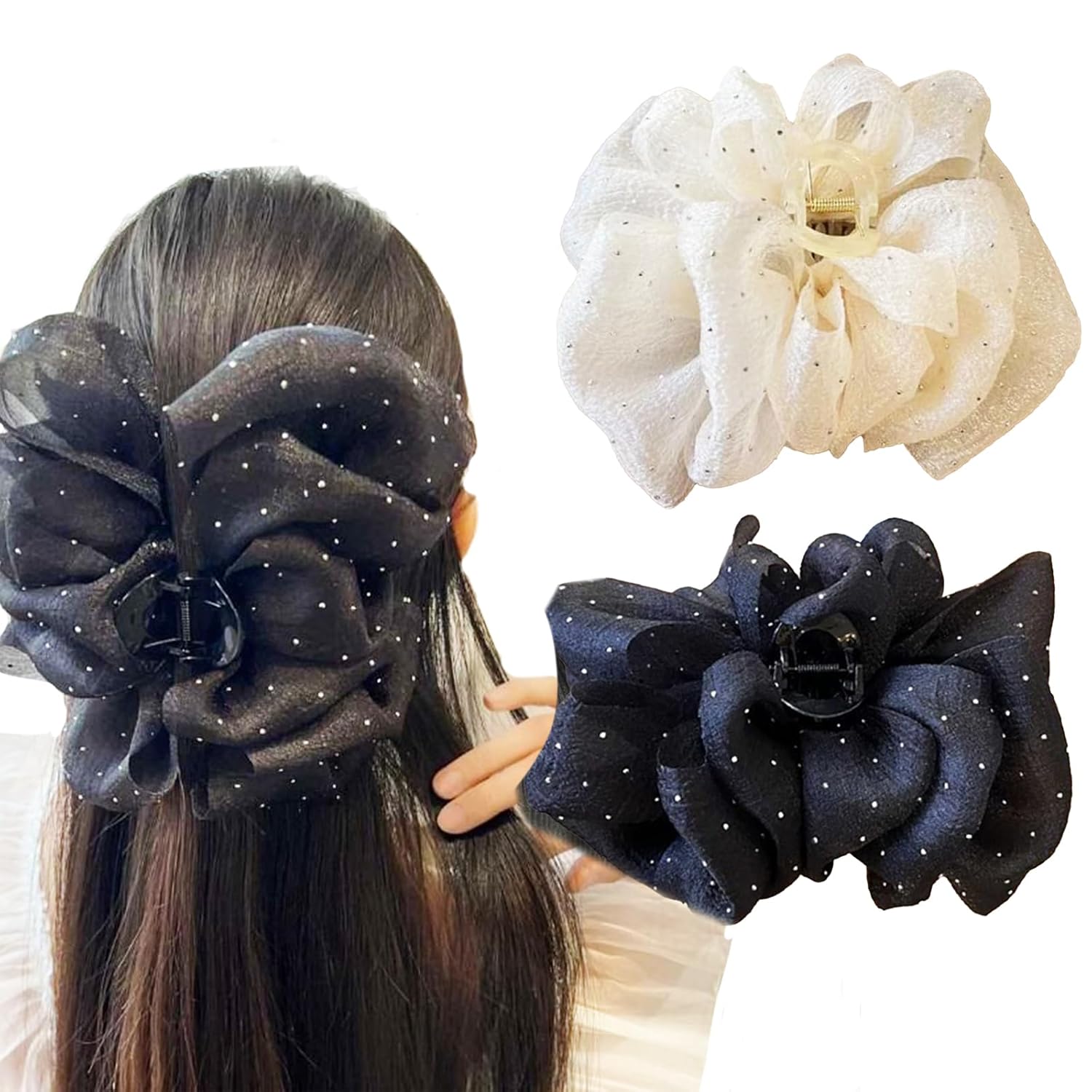 2 pinzas de lazo con diamantes de imitación, pinzas de burbujas de lazo de gasa con nube, garra grande para el cabello, pinzas florales grandes para