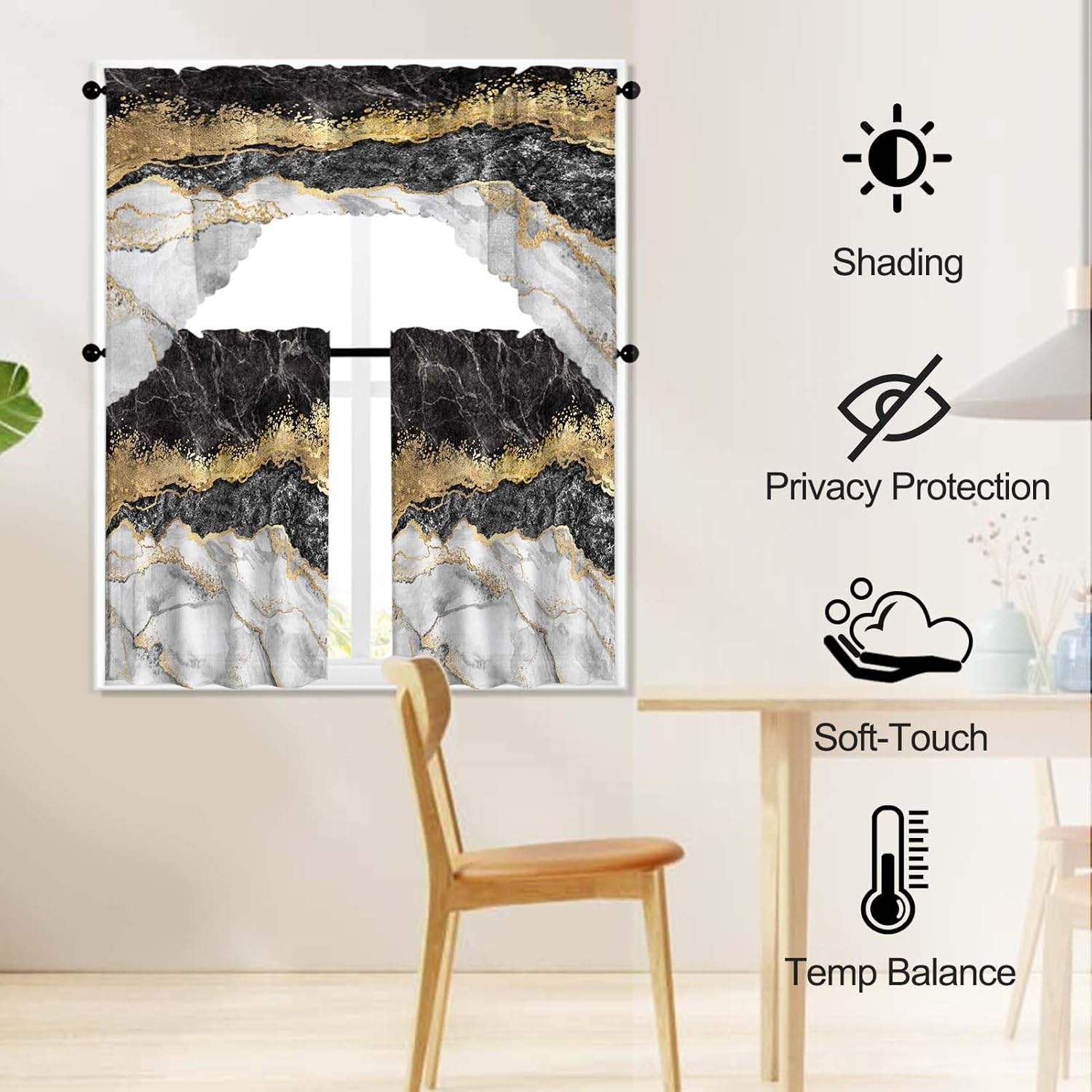 Juego de 3 cortinas de ventana con diseño de mármol negro, juego de cenefas de arte de mármol, cortina de bolsillo para barra de cocina, patrones