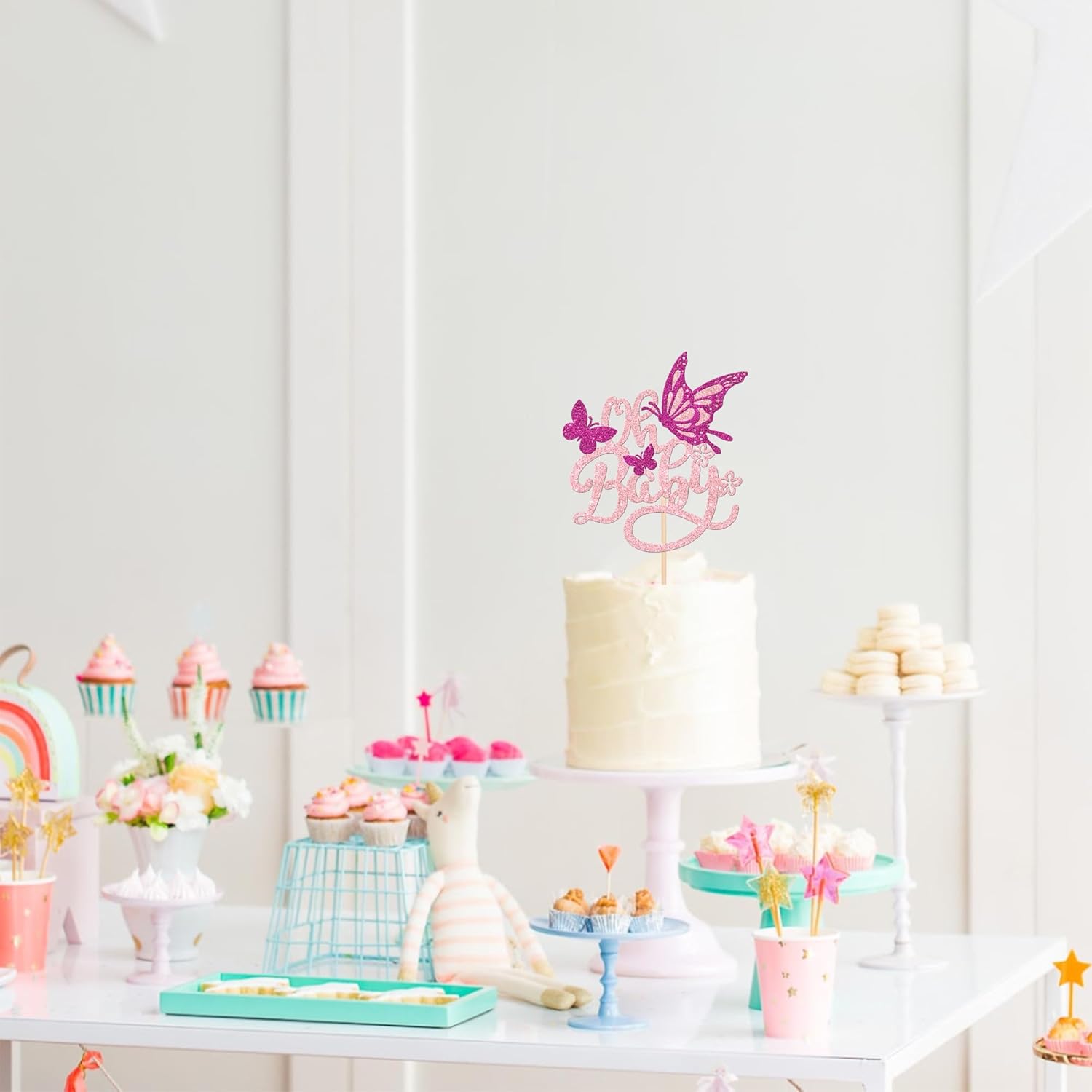 1 pieza de decoración de pastel de mariposa Oh Baby con purpurina para baby shower, mariposa para revelación de género, baby shower, fiesta de