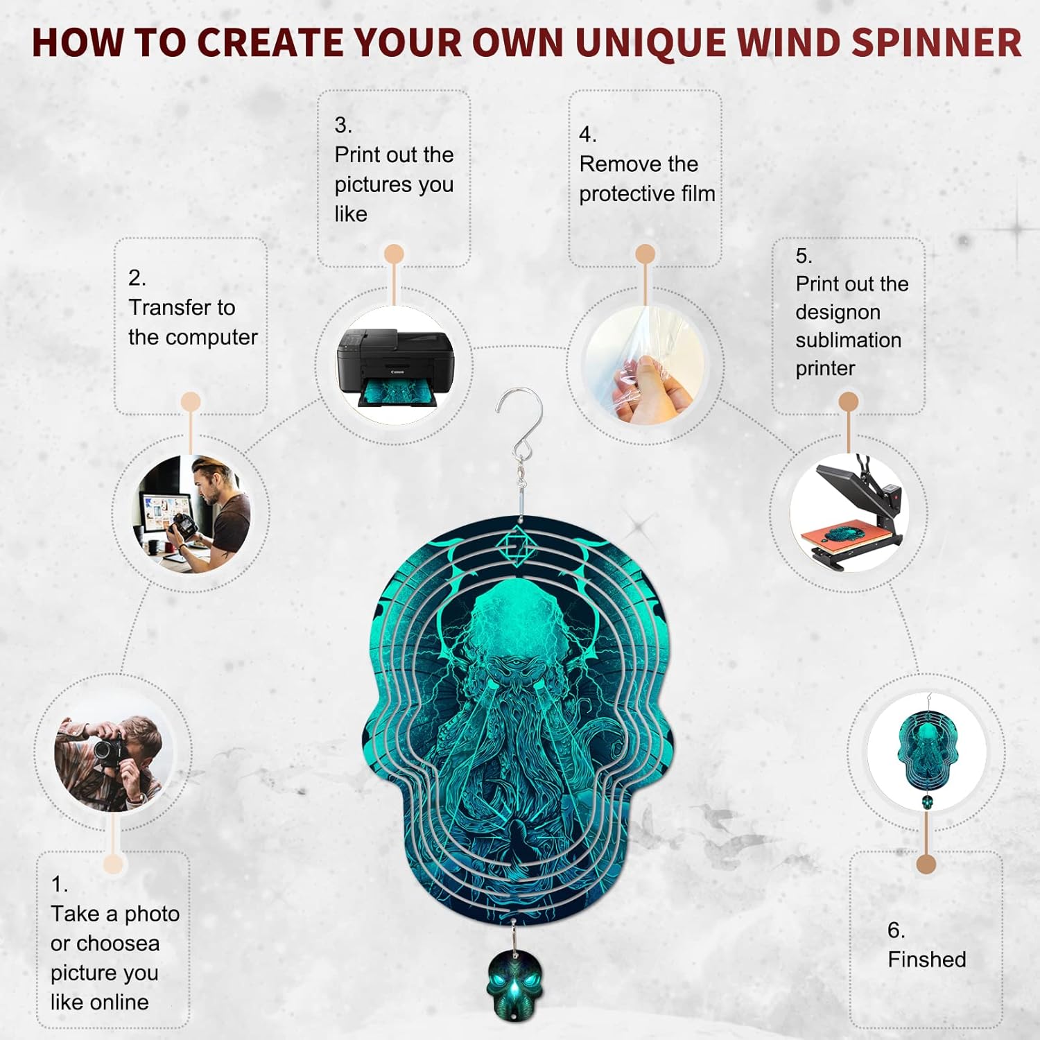Paquete de 4 hilanderos de viento de sublimación, escultura cinética de aluminio 3D con forma de calavera, molduras de suspensión giratorias para