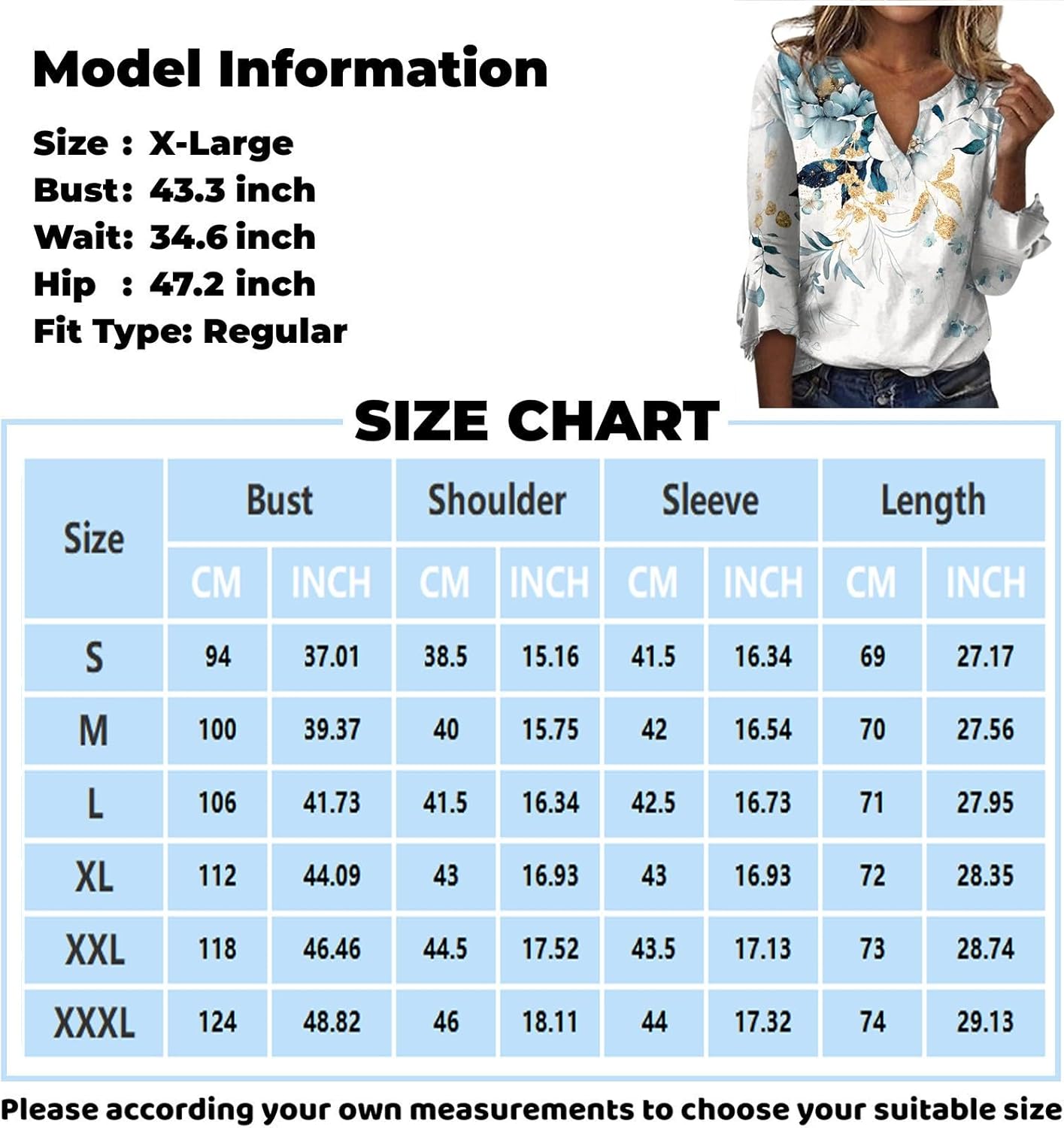 Blusa casual para mujer, holgada, informal, con cuello en V, estampado de campana, manga 34