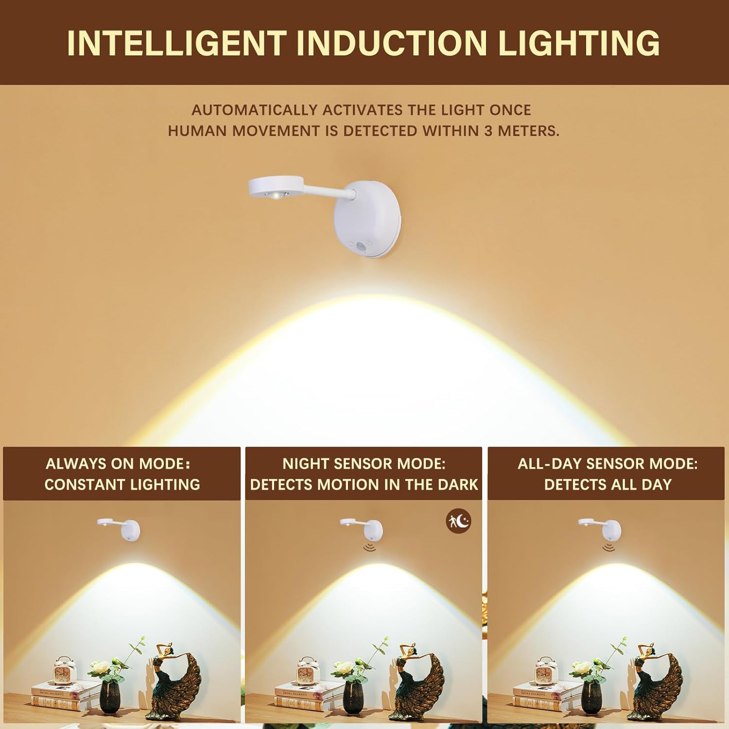 Lámpara de pared con sensor de movimiento, foco LED recargable, lámpara de lectura de cabecera con rotación flexible con 3 temperaturas de color