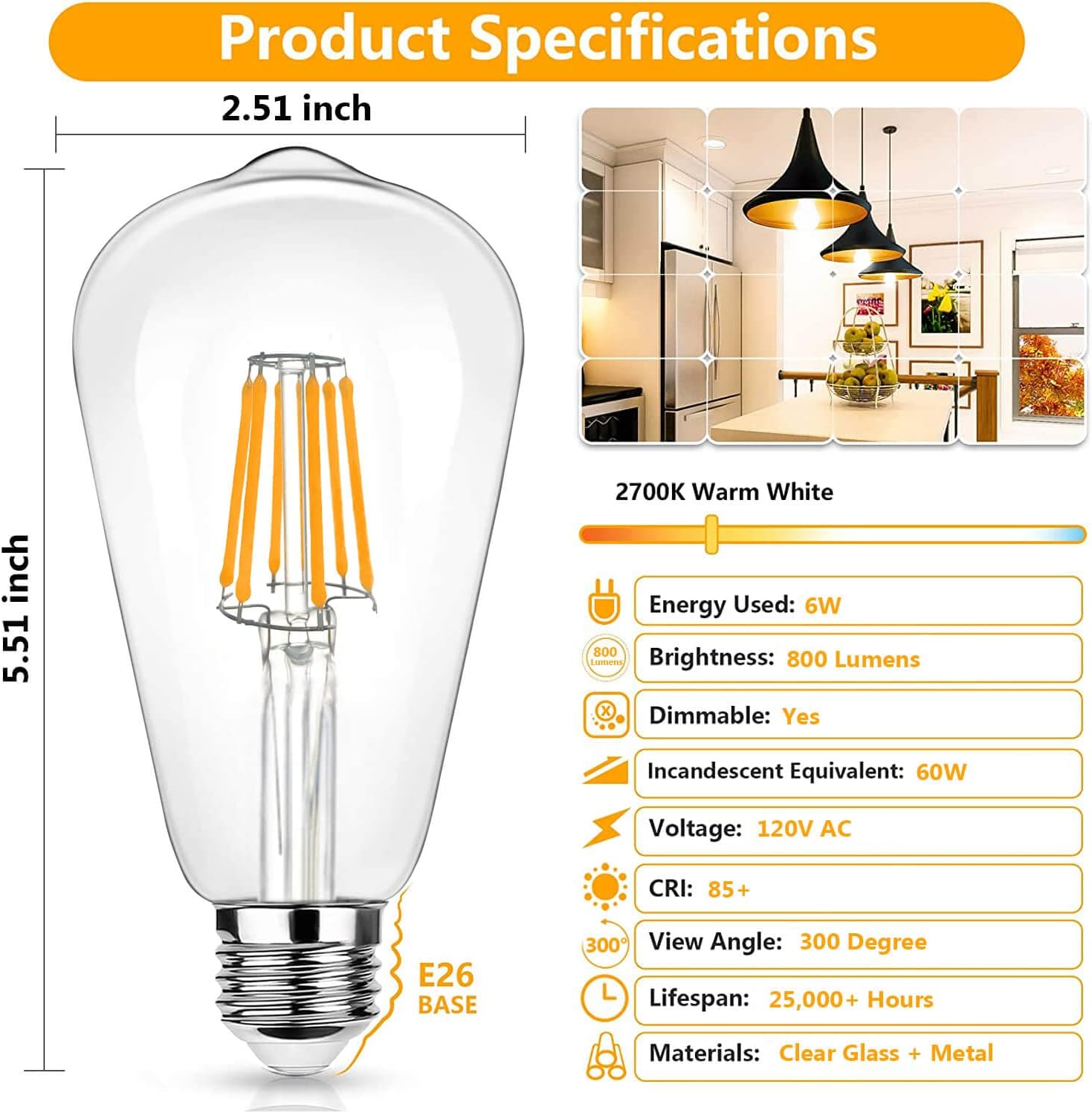 Bombilla LED E26 equivalente a 60 W, bombillas Edison regulables, 800 lúmenes de alto brillo con vidrio transparente, protección ocular LED 85+ CRI,