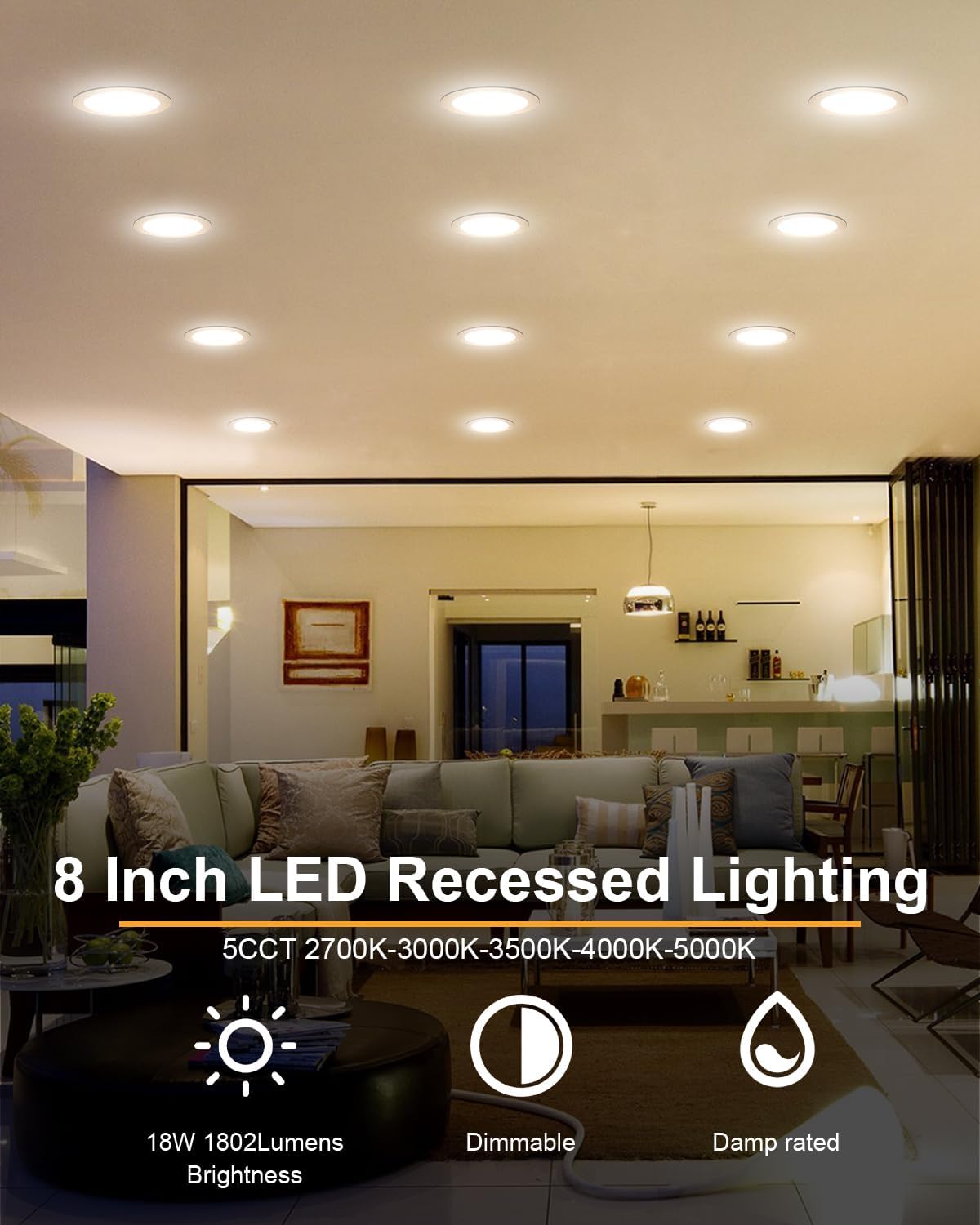 Iluminación empotrable de 8 pulgadas, luces empotrables negras de 18 W de 8 pulgadas, regulables 5CCT seleccionables, luces empotrables con