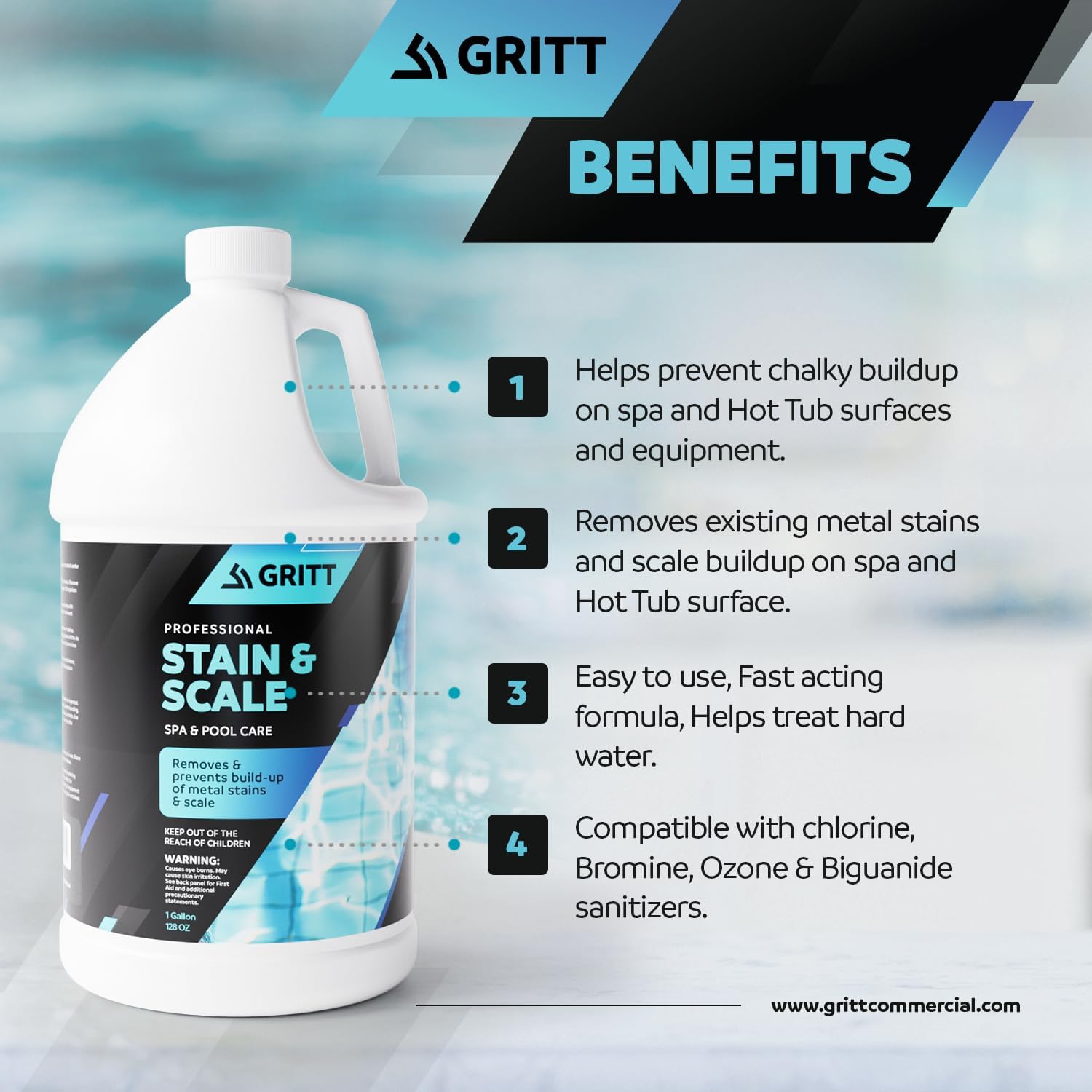 Gritt Commercial Control de manchas y incrustaciones de metal  Productos químicos para piscina, bañera de hidromasaje y spa para control de metales