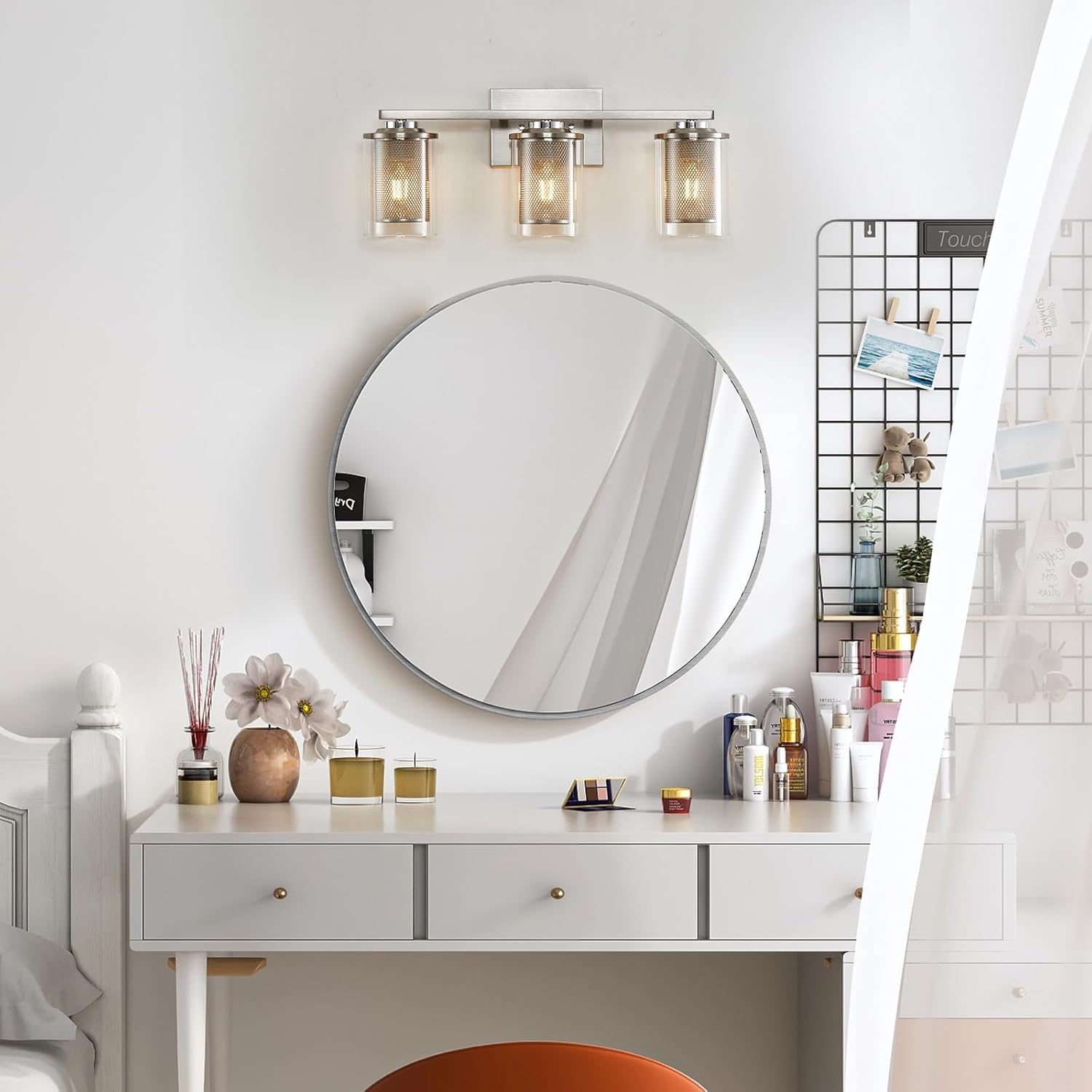 Szleomay Luces de tocador de 3 luces, lámparas de baño de níquel cepillado con pantalla de vidrio transparente y malla de metal, luces de baño
