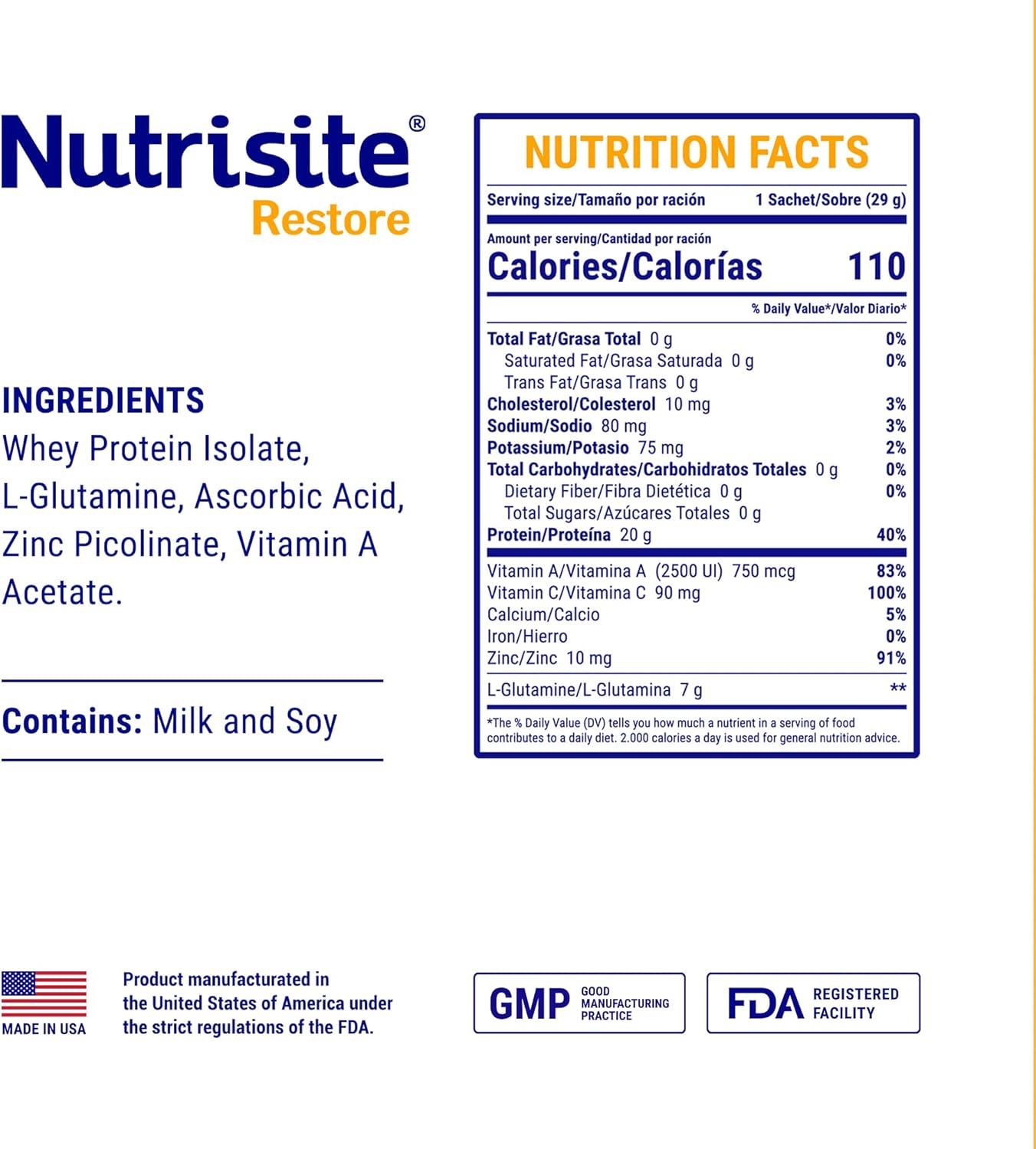 Nutrisite Restore Polvo para Apoyo a la Curación de Heridas, Incluye Proteína Aislada de Suero, L-Glutamina, Vitaminas A, C y Zinc  Sin Gluten ni