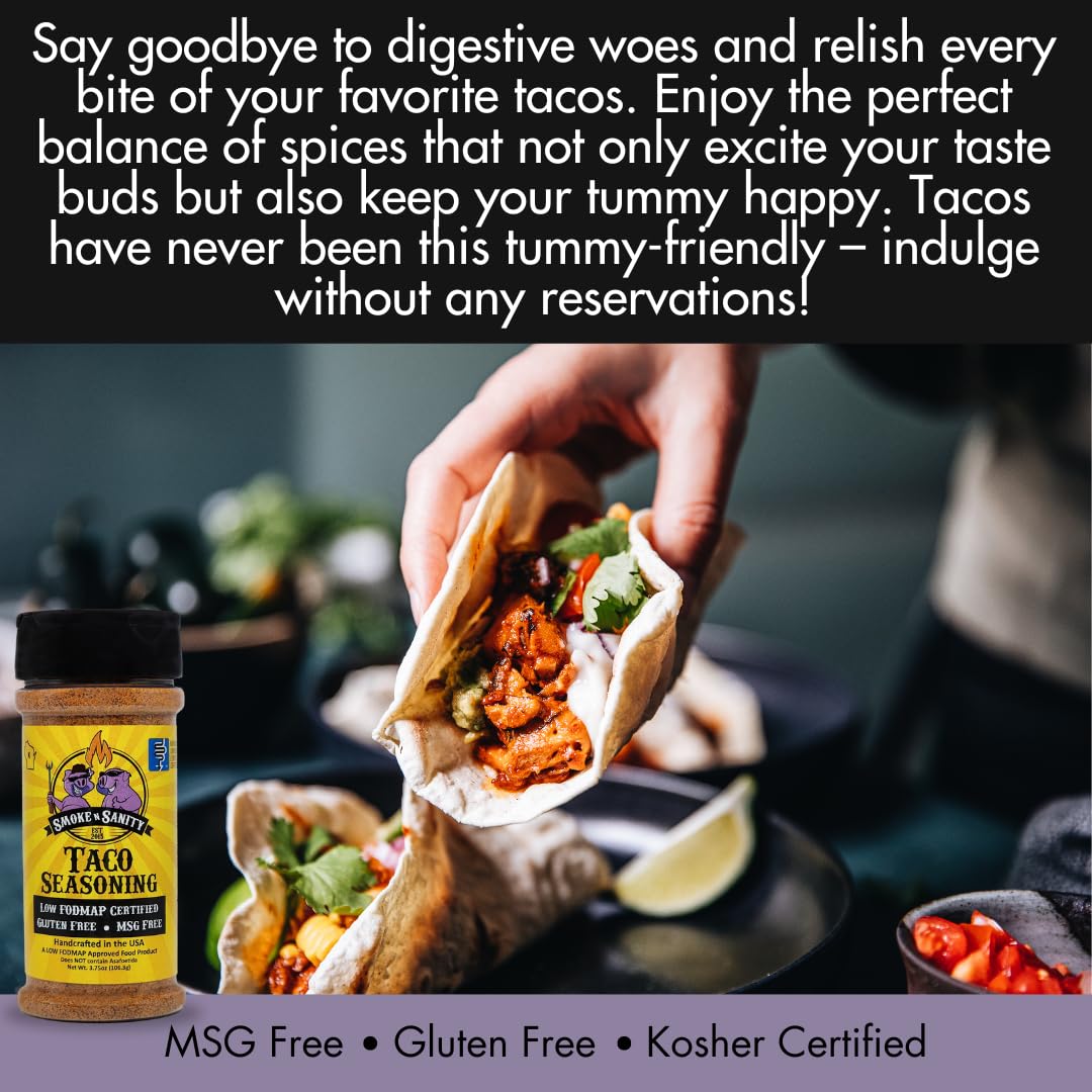 Smoke n Sanity Condimento para tacos  Certificado Monash bajo FODMAP  Sin gluten  Certificado Kosher  Sin lácteos (agitador de 3.75 onzas)