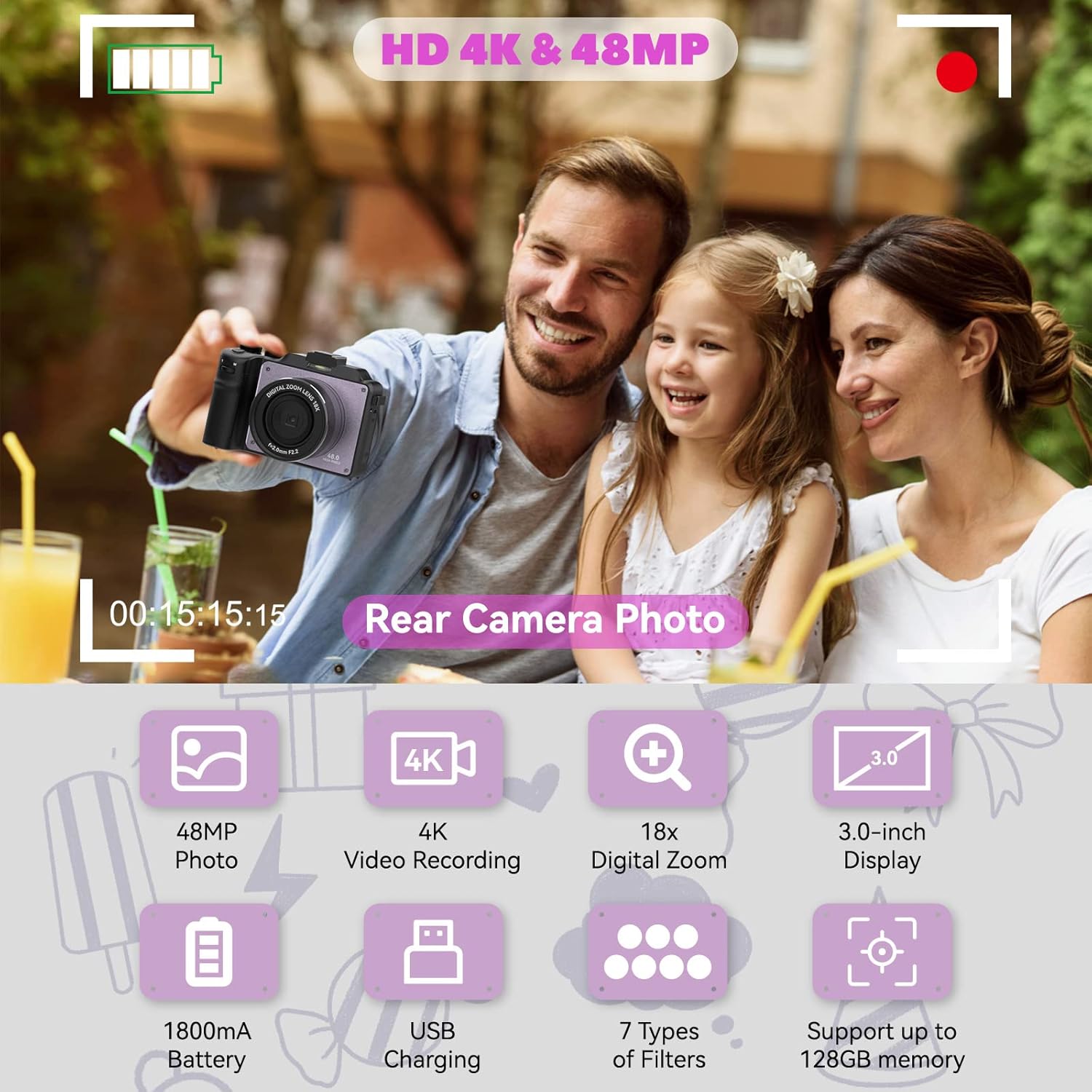 Cámara de 48MP para fotografía, cámara digital 4K para niños y adultos con cámaras duales delanteras y traseras, zoom digital de 18X, filtros de