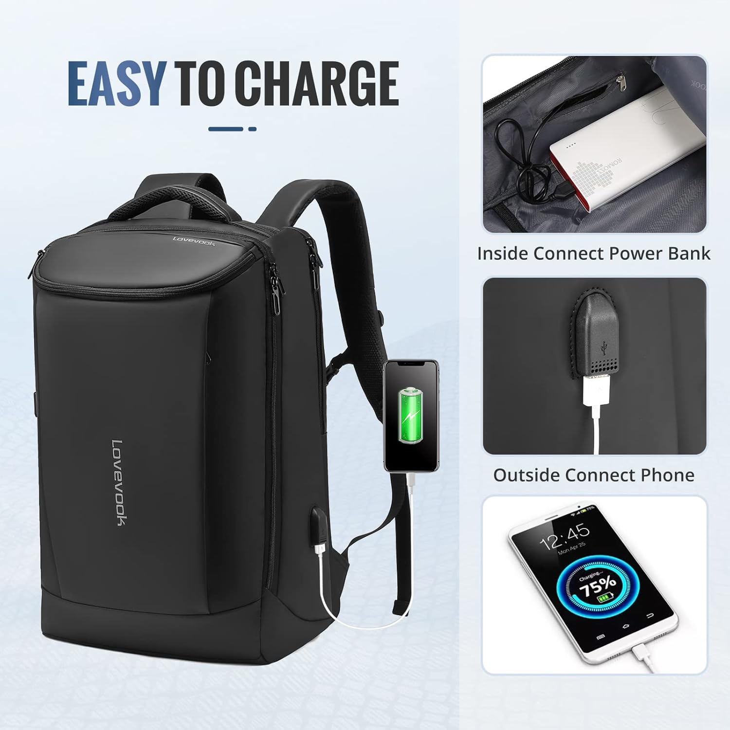 Mochila de negocios para hombres, mochila impermeable con puerto de carga USB, mochila tecnológica para el trabajo y la universidad, mochila de