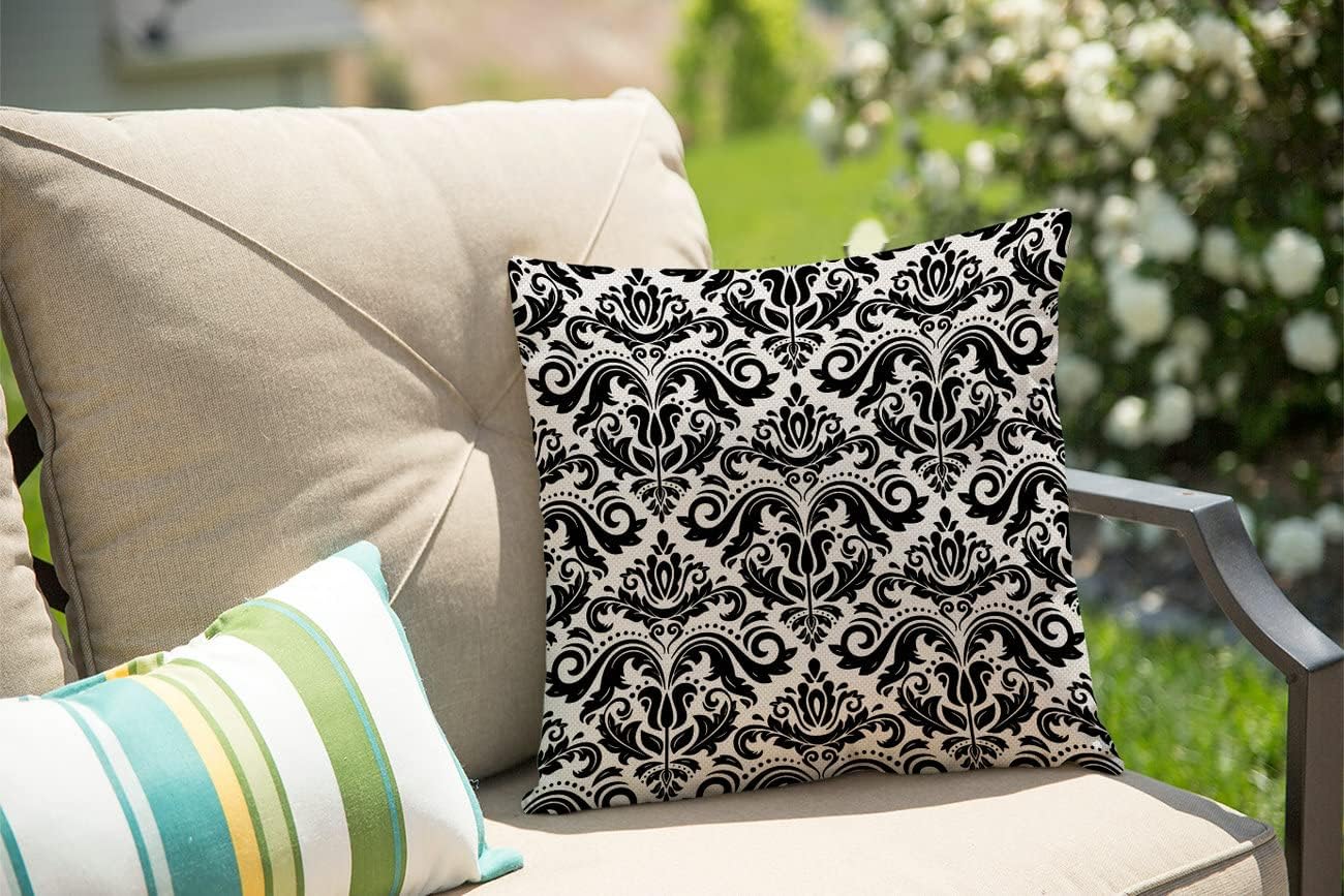 Fundas de almohada con estampado clásico oriental abstracto floral blanco y negro de 18 x 18 pulgadas, funda de almohada decorativa para sofá, funda