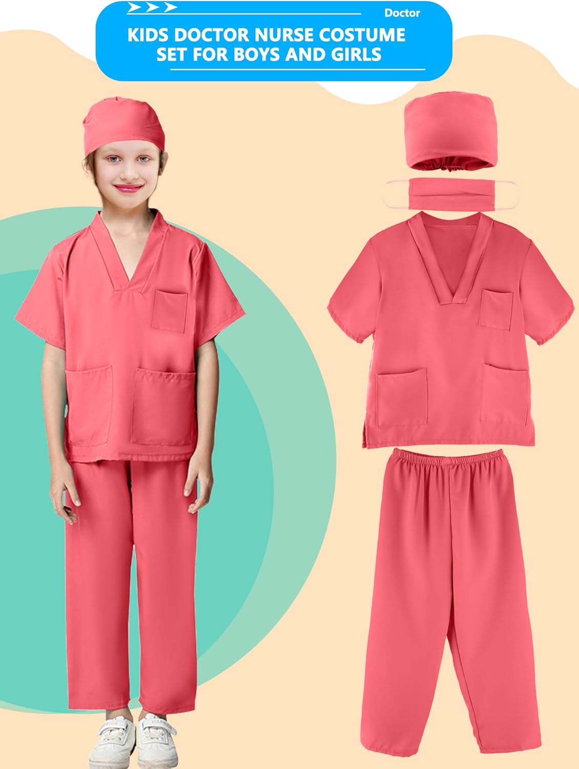 Puteraya Conjunto de disfraz de médico para niños, uniforme quirúrgico para niños y niñas, disfraz de Halloween, cosplay