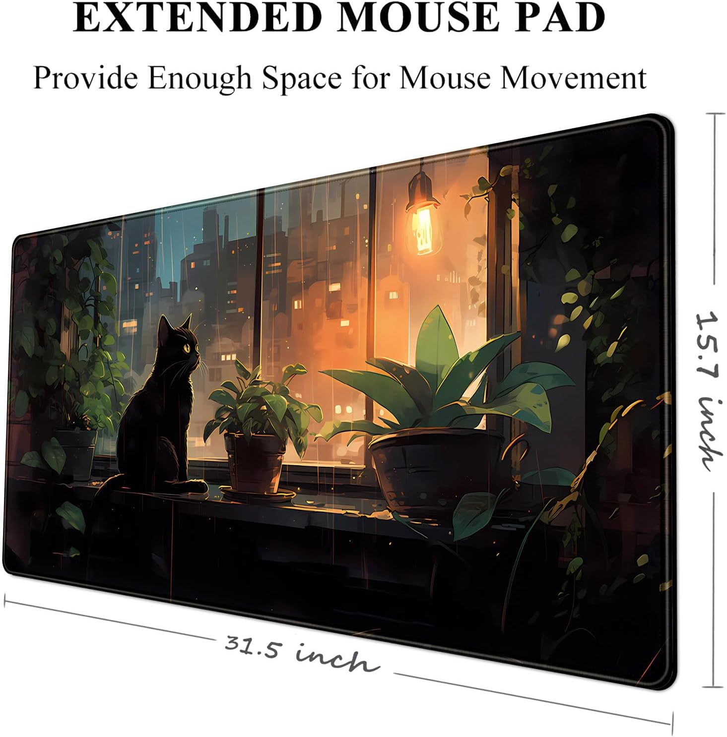 Alfombrilla de escritorio de gato negro con plantas verdes, alfombrilla de mouse grande para juegos de anime, alfombrilla de mouse XL para