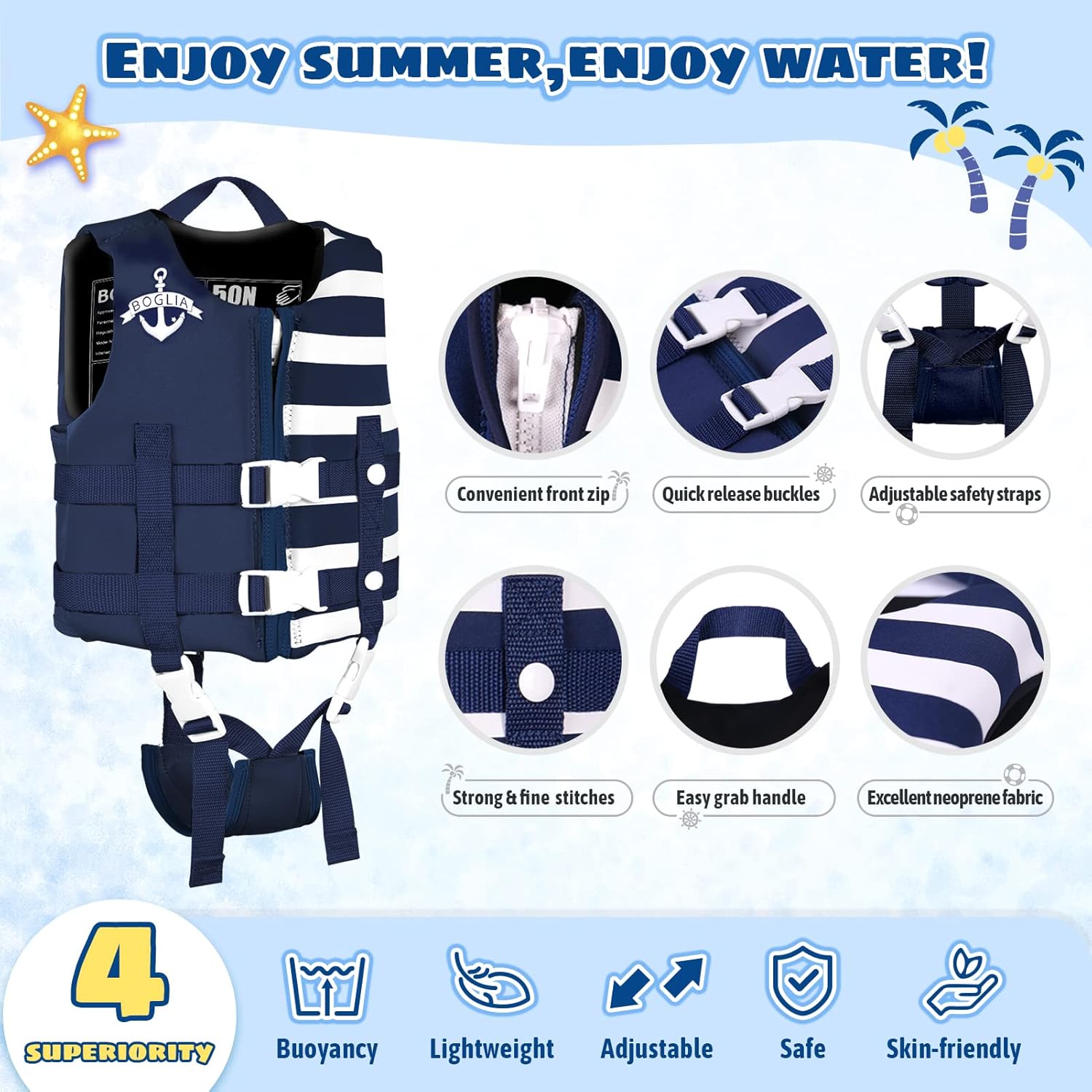 Boglia Chaleco de natación para niños pequeños con correa de seguridad ajustable para aprender a nadar, niños de 1 a 9 años, 24 a 75 libras