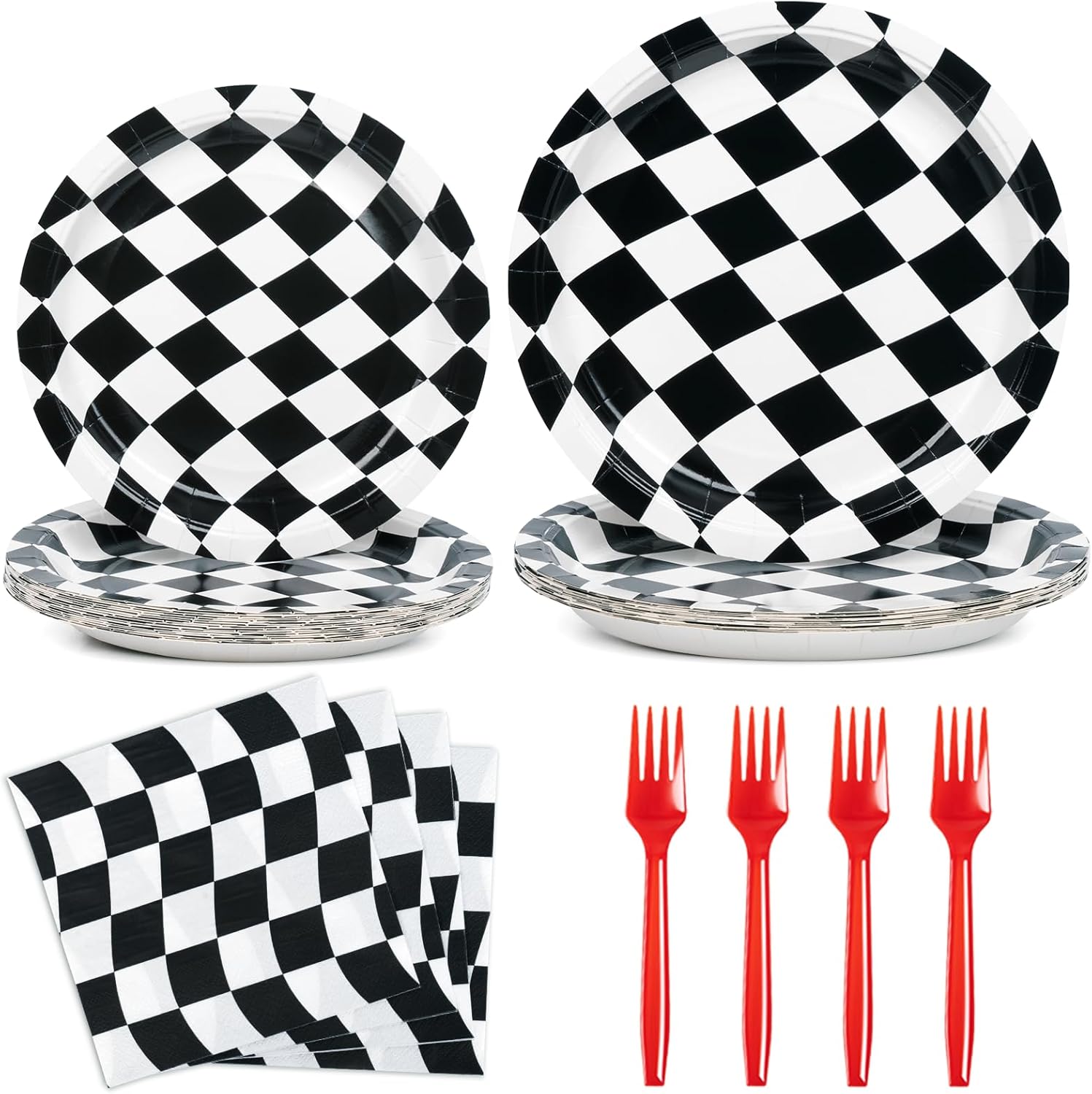 DECORLIFE 96 piezas de suministros de fiesta de bandera a cuadros, platos y servilletas a cuadros en blanco y negro para 24, decoración de fiesta de