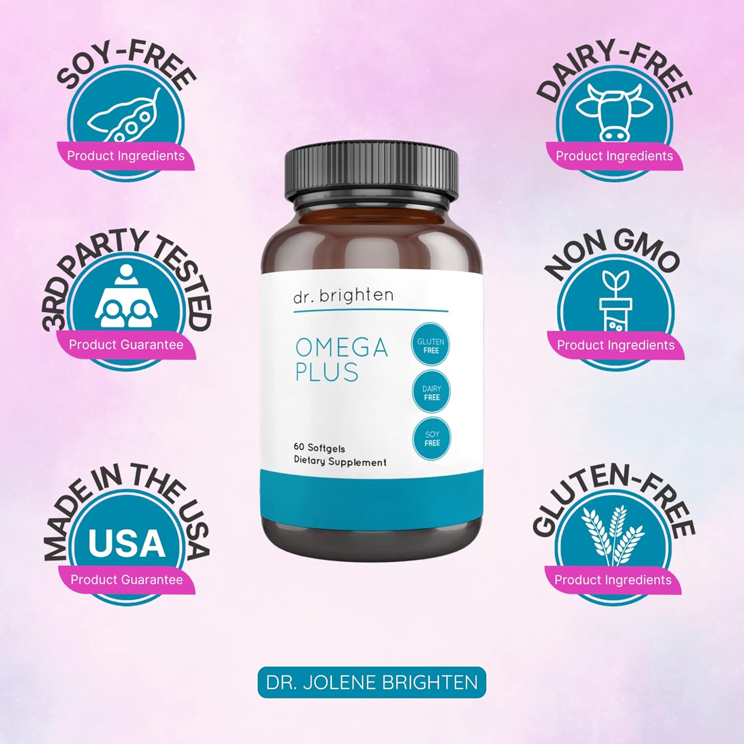 Dr. Brighten Omega Plus  1500 mg de suplemento de aceite de pescado EPADHA sin OMG para corazón, cerebro e sistema inmunológico  60 cápsulas blandas