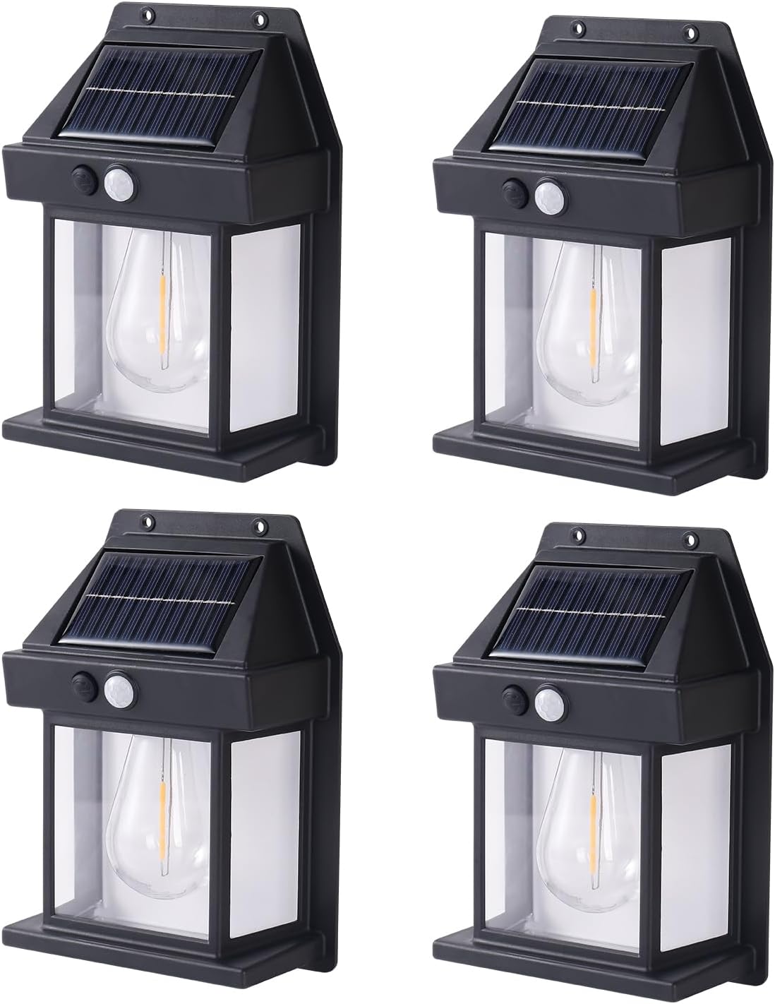 Kunhe Paquete de 4 luces de pared de movimiento con sensor solar para exteriores, lámparas de tungsteno, faroles de patio y porche exterior