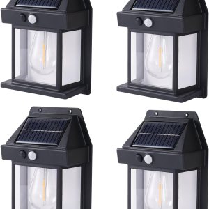 Kunhe Paquete de 4 luces de pared de movimiento con sensor solar para exteriores, lámparas de tungsteno, faroles de patio y porche exterior Kunhe Paquete de 4 luces de pared de movimiento con sensor solar para exteriores, lámparas de tungsteno, faroles de patio y porche exterior