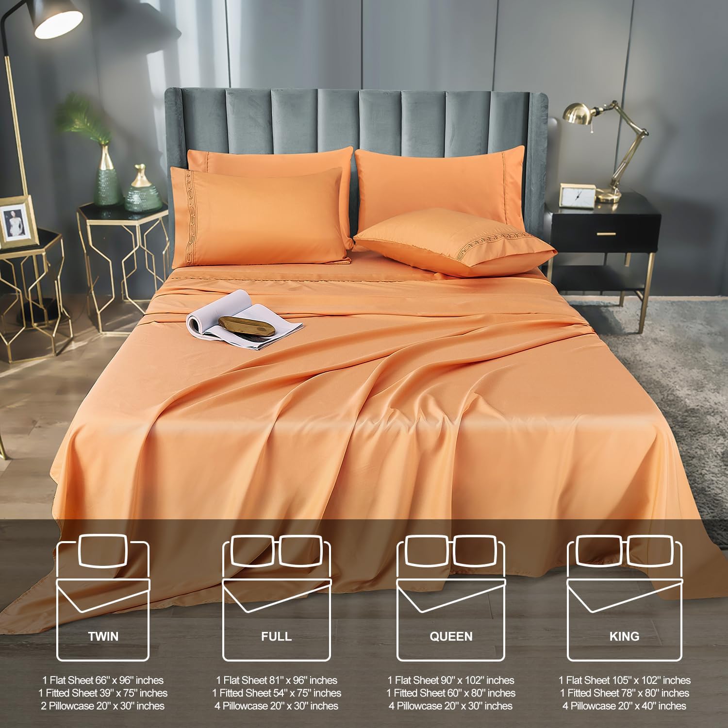 MCO Bedding King Bed Sheets Set – Bamboo Polyester Blended Sheets – Cooling Breathable Bedding Set with 16″ Deep Pocket (6 Pieces, King, Buff Orange)
