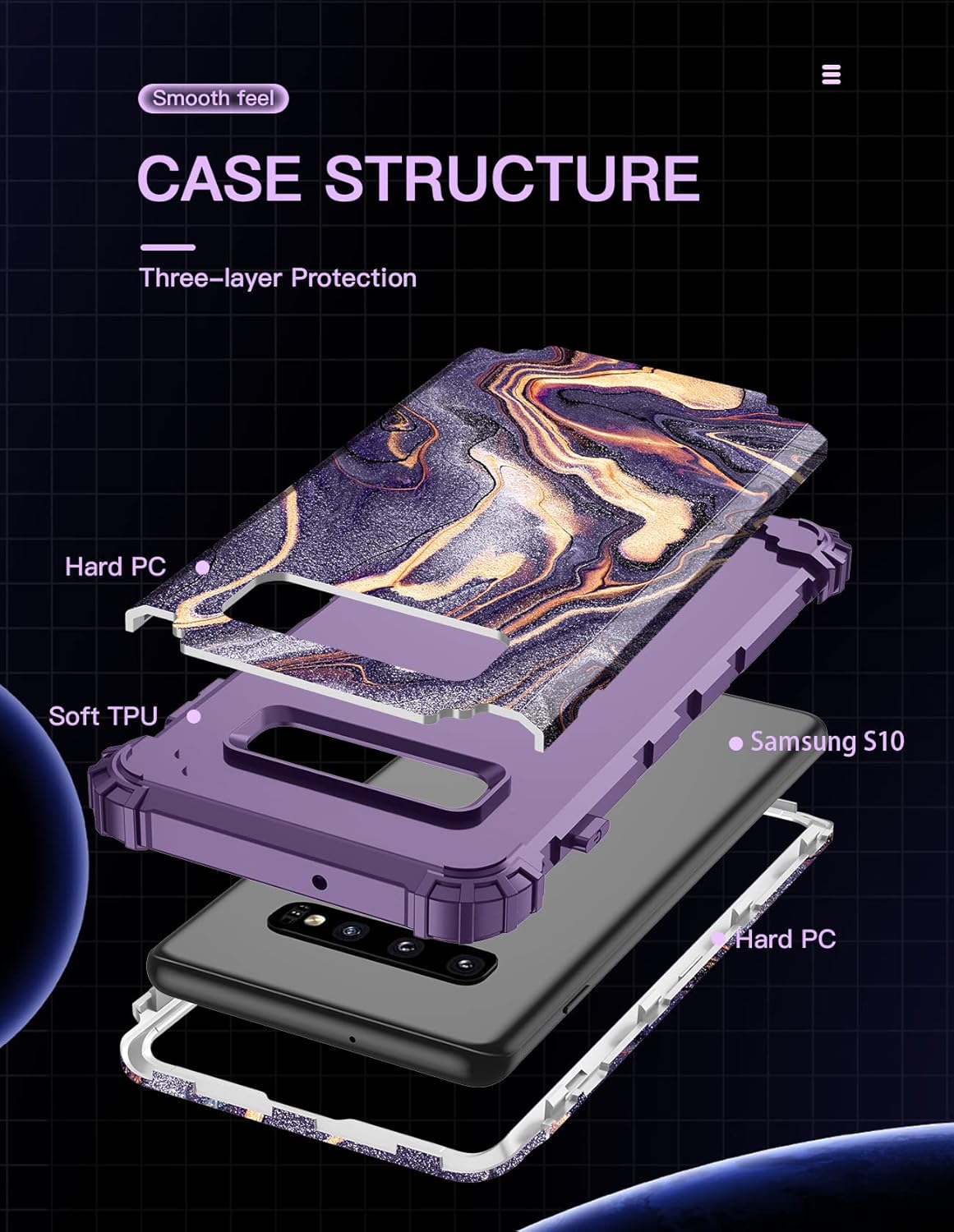 LONTECT Funda protectora para Galaxy S10 de tres capas de mármol, a prueba de golpes, resistente, duradera, para niñas y mujeres, para Samsung