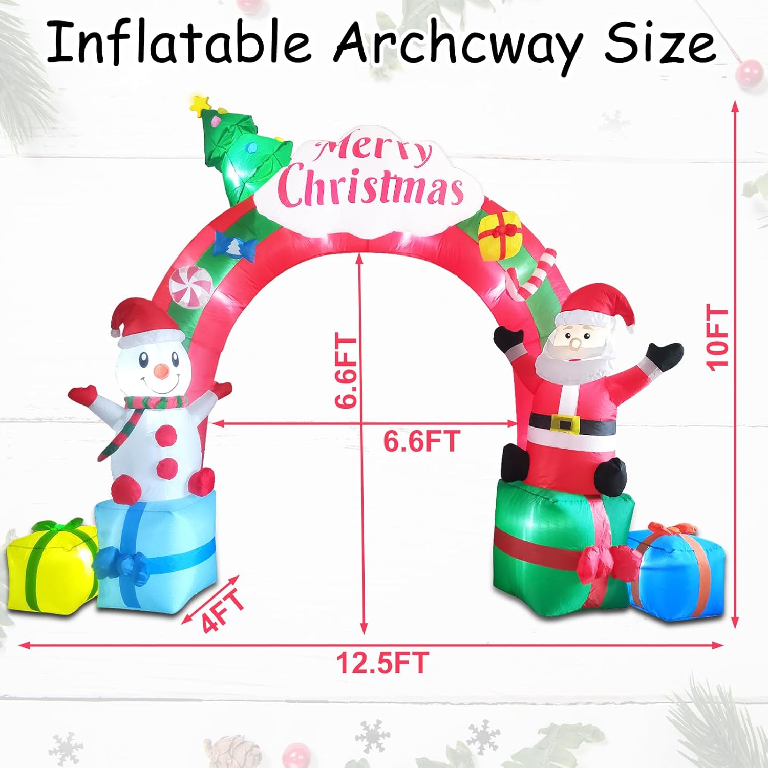 Arco inflable de Navidad de 12.5 pies, Papá Noel inflable y muñeco de nieve sentado en cajas de regalo, arco de Navidad inflable para decoración de