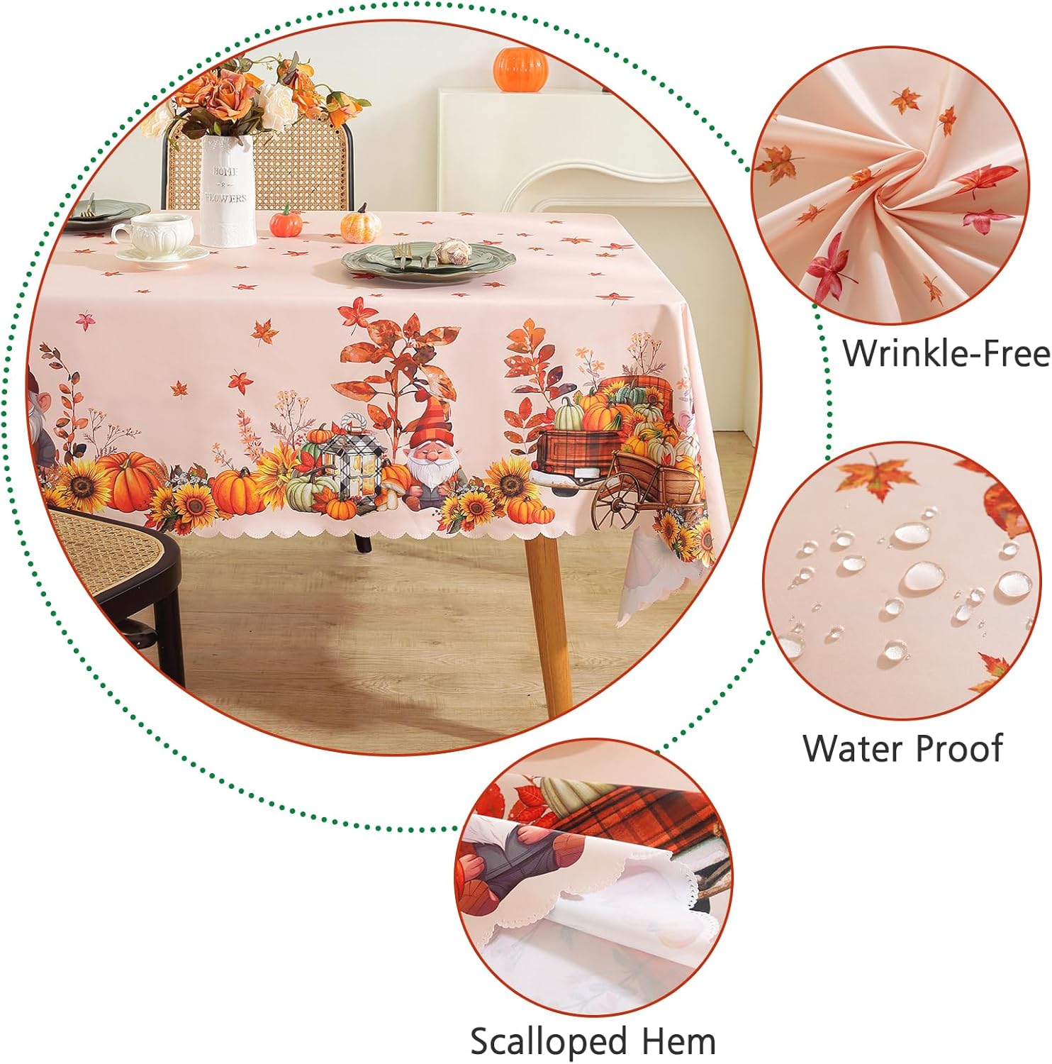 Mantel rectangular de Acción de Gracias, hojas de otoño y calabazas, impermeable y lavable, para cosecha, vacaciones, cena, fiesta, decoración en