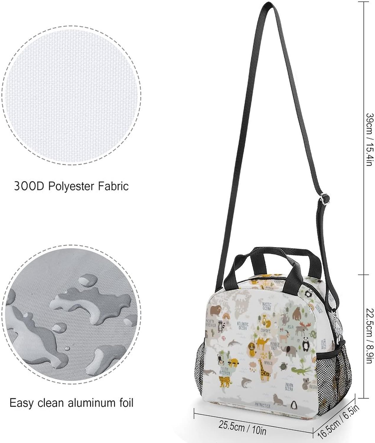 Niapessel Bolsa de almuerzo para mujeres, niños, niñas, niños, aislada, mapa del mundo animal, multicolor, impreso, lonchera térmica con soporte