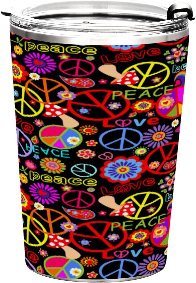 Taza aislada de acero inoxidable con diseño de arcoíris y texto en inglés “Peace Love” de 20 onzas, a prueba de fugas, reutilizable, con tapa y
