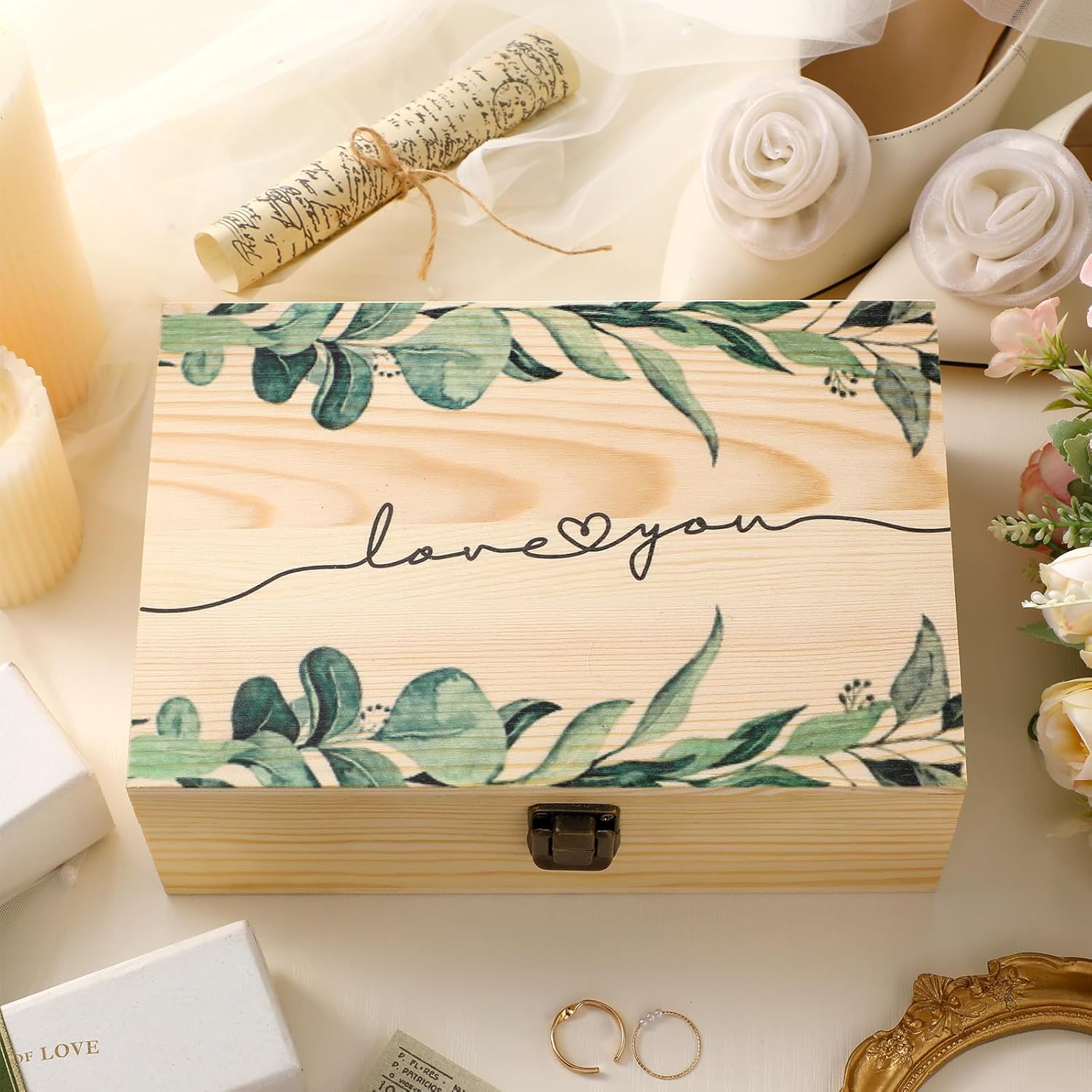Huwena Love You and Mr Mrs Memory – Caja de madera grande de eucalipto para aniversario, 9 x 6 x 3.2 pulgadas, caja de recuerdo para boda, día de