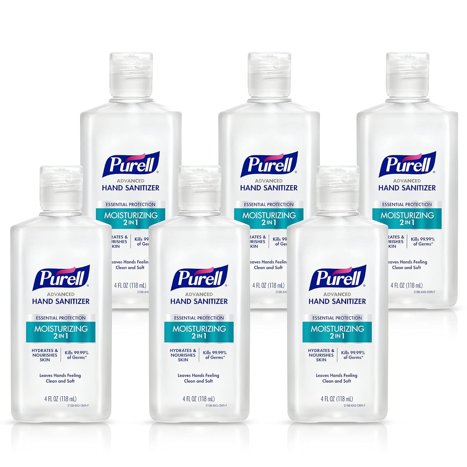 Purell Gel desinfectante de manos avanzado hidratante 2 en 1, botella portátil de 4 onzas con tapa abatible (paquete de 6), 3498-04-EC
