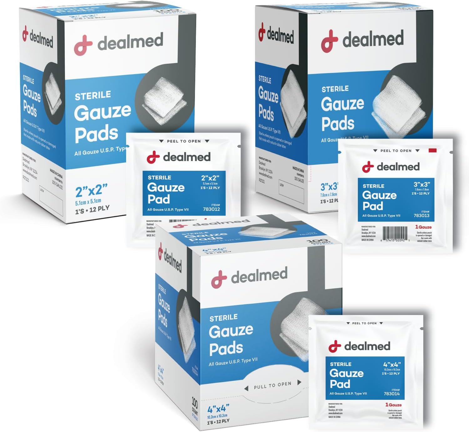Dealmed Almohadillas de gasa estériles  100 unidades, almohadillas de gasa de 3 x 3 pulgadas, almohadillas de gasa médica desechables y envueltas