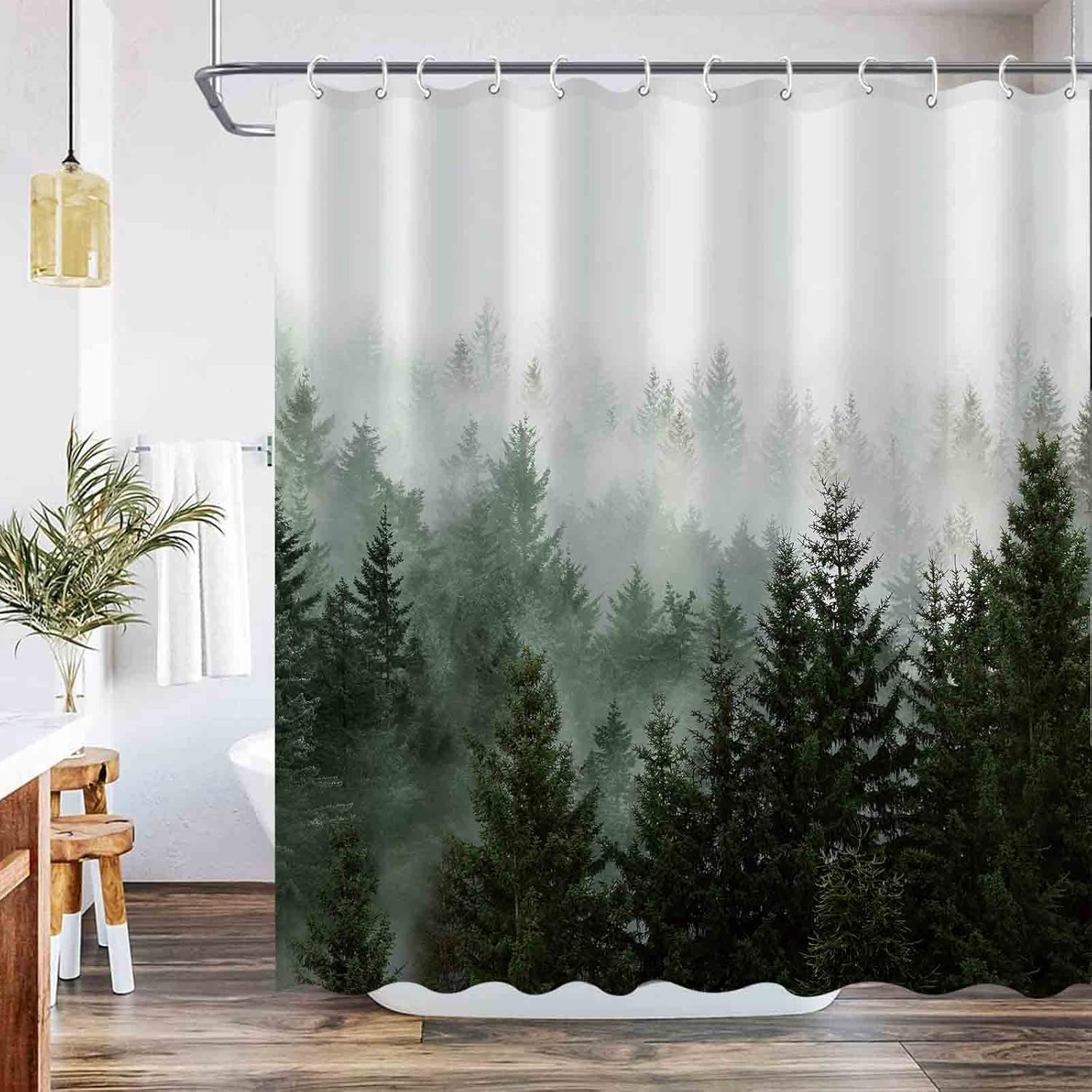 Cortina de ducha verde con diseño de bosque brumoso, juego de cortinas de ducha impermeables de tela verde oscuro para decoración de baño con 12