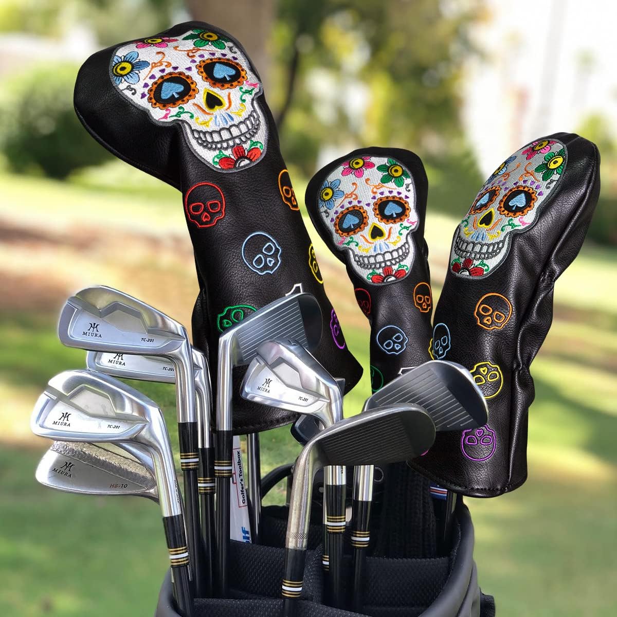 Montela Golf Fundas de club, cubierta de putter de esqueleto colorido, cubierta de conductor, cubierta híbrida de madera de calle, cubierta de cuero