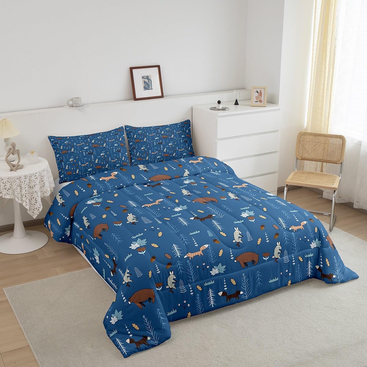 Juego de edredón de oso tamaño individual, juego de ropa de cama de animales de dibujos animados azul marino para niños, lindo juego de edredón de