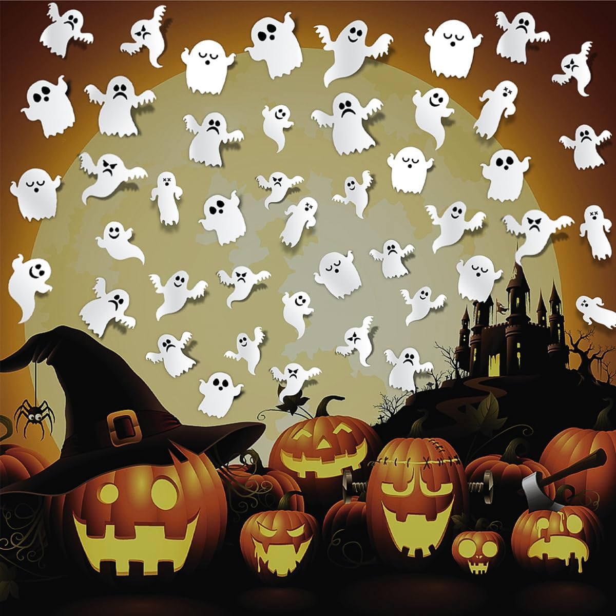 7 estilos de decoración de pared de fantasmas de Halloween, 42 piezas lindas calcomanías de fantasmas 3D, calcomanías reutilizables de pared de