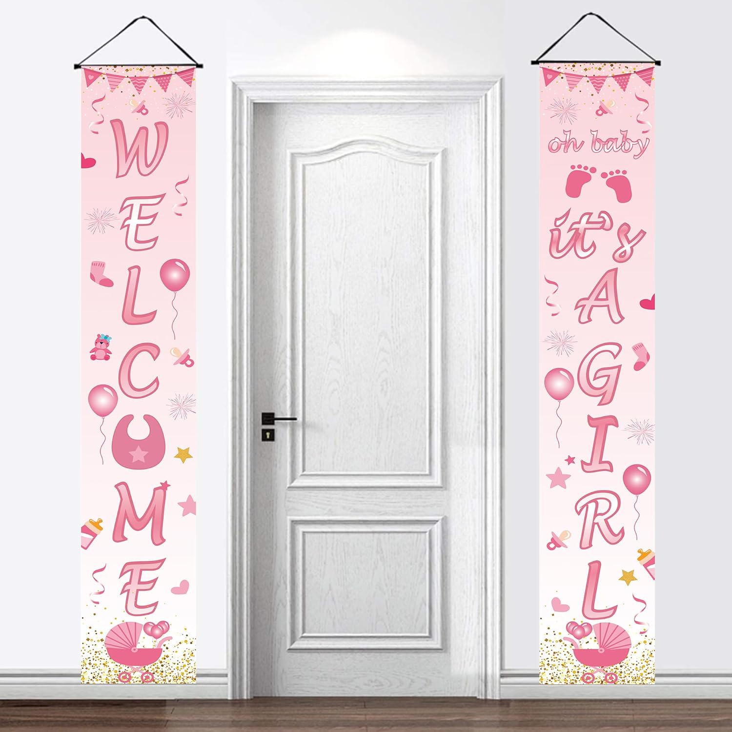 Cartel de bienvenida para baby shower con 70.8 x 11.8 pulgadas, cartel de bienvenida con texto en inglés “Welcome Oh Baby It’s a Girl”, cartel
