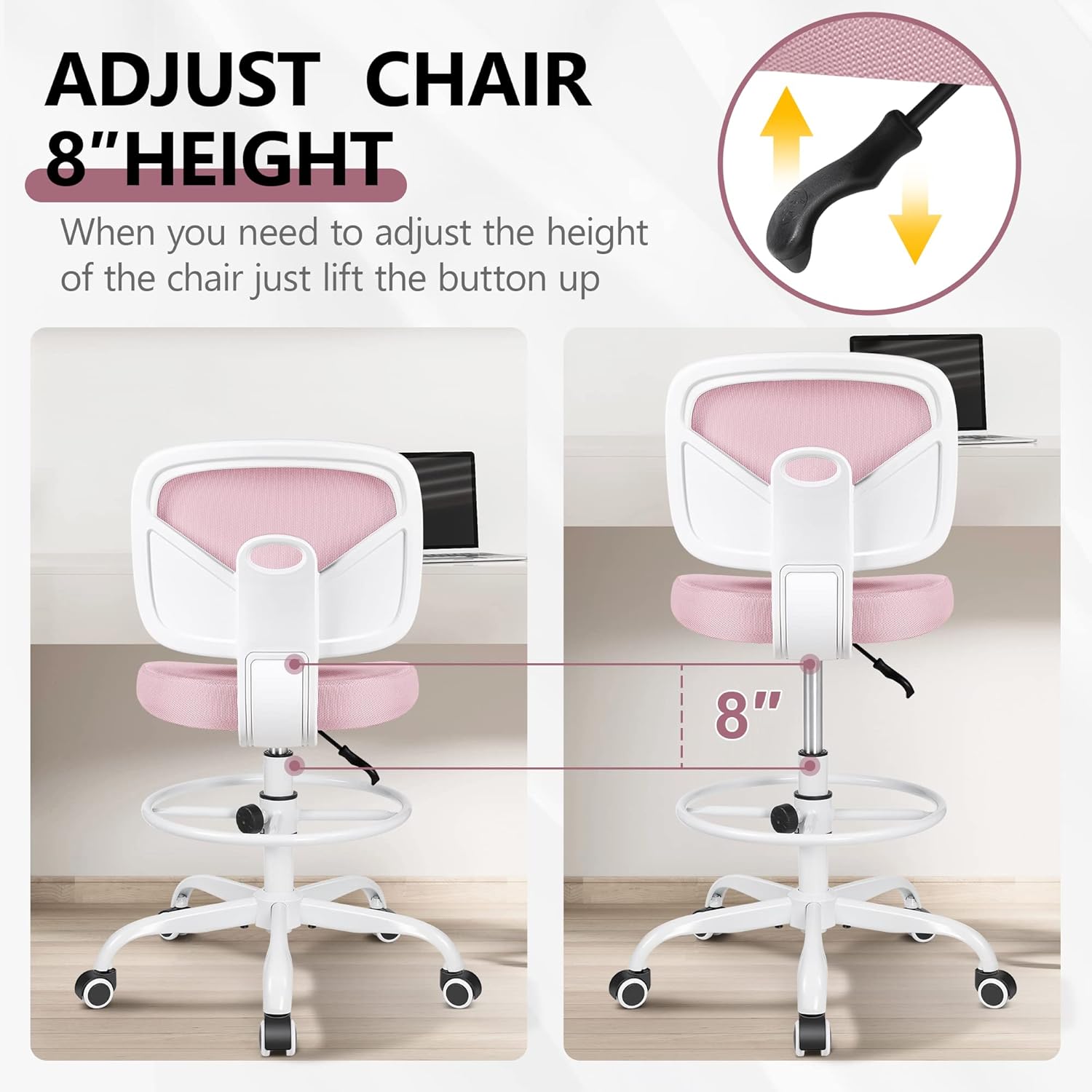 Primy Silla de dibujo de oficina sin brazos, silla alta de escritorio de oficina de altura ajustable y reposapiés, silla ergonómica de escritorio de